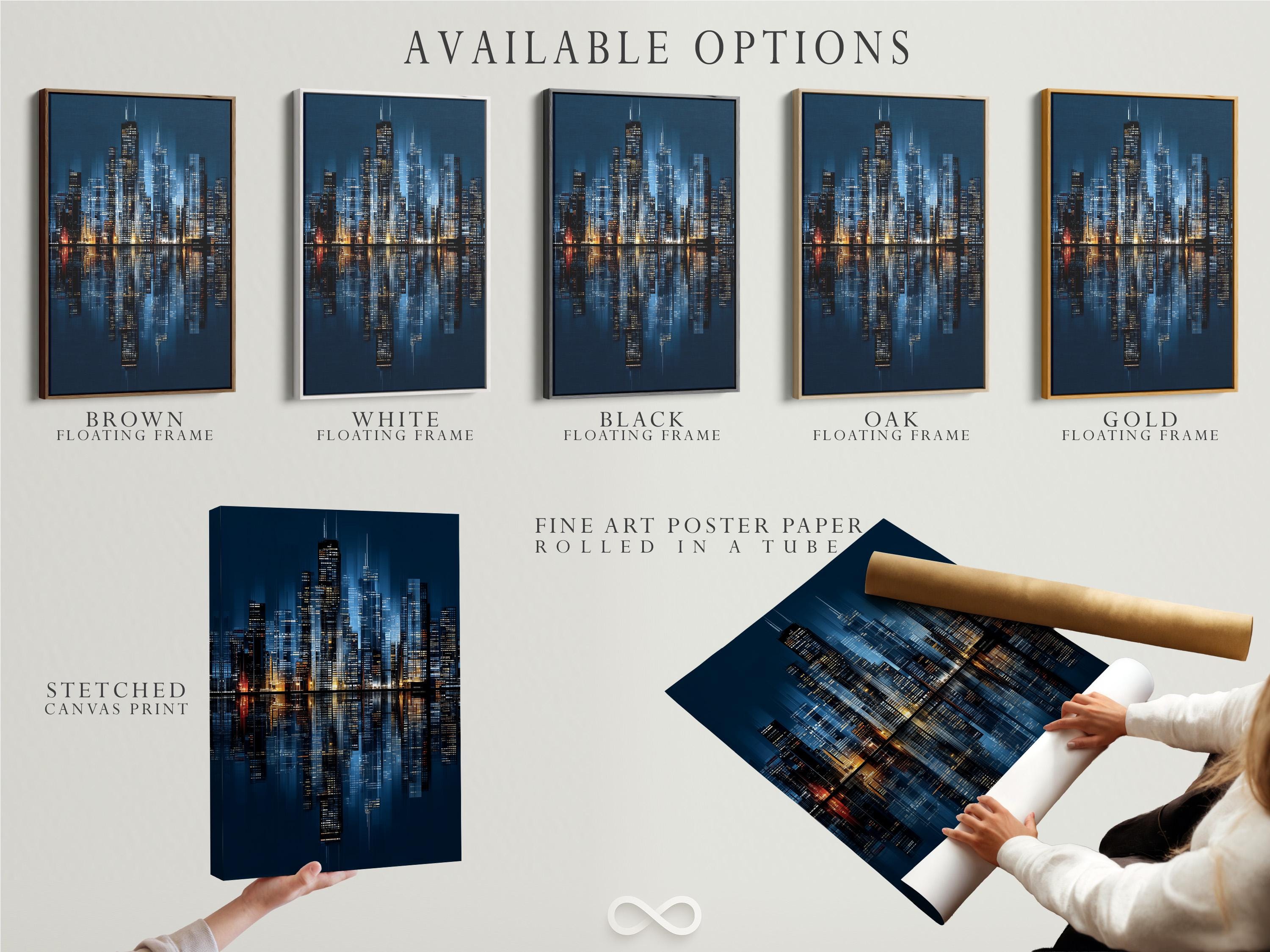 Night city skyline artwork in navy blue with illuminated buildings and reflections detail view