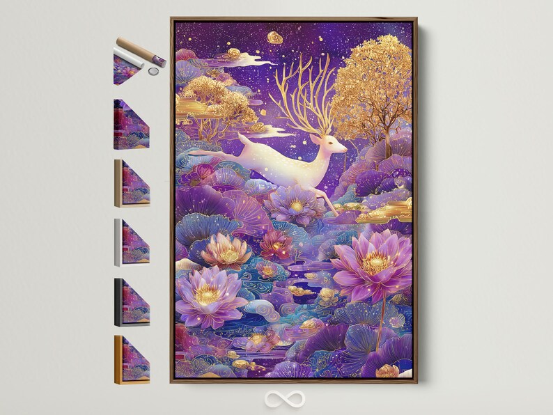 Stylised deer with gold antlers among purple lotus flowers under a starry night sky