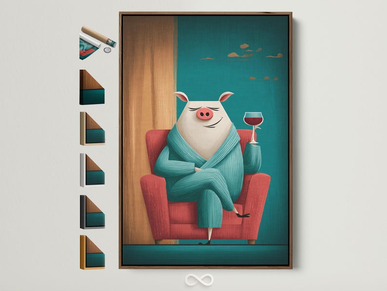 Illustration of a smiling pig in a teal jumper holding a wine glass