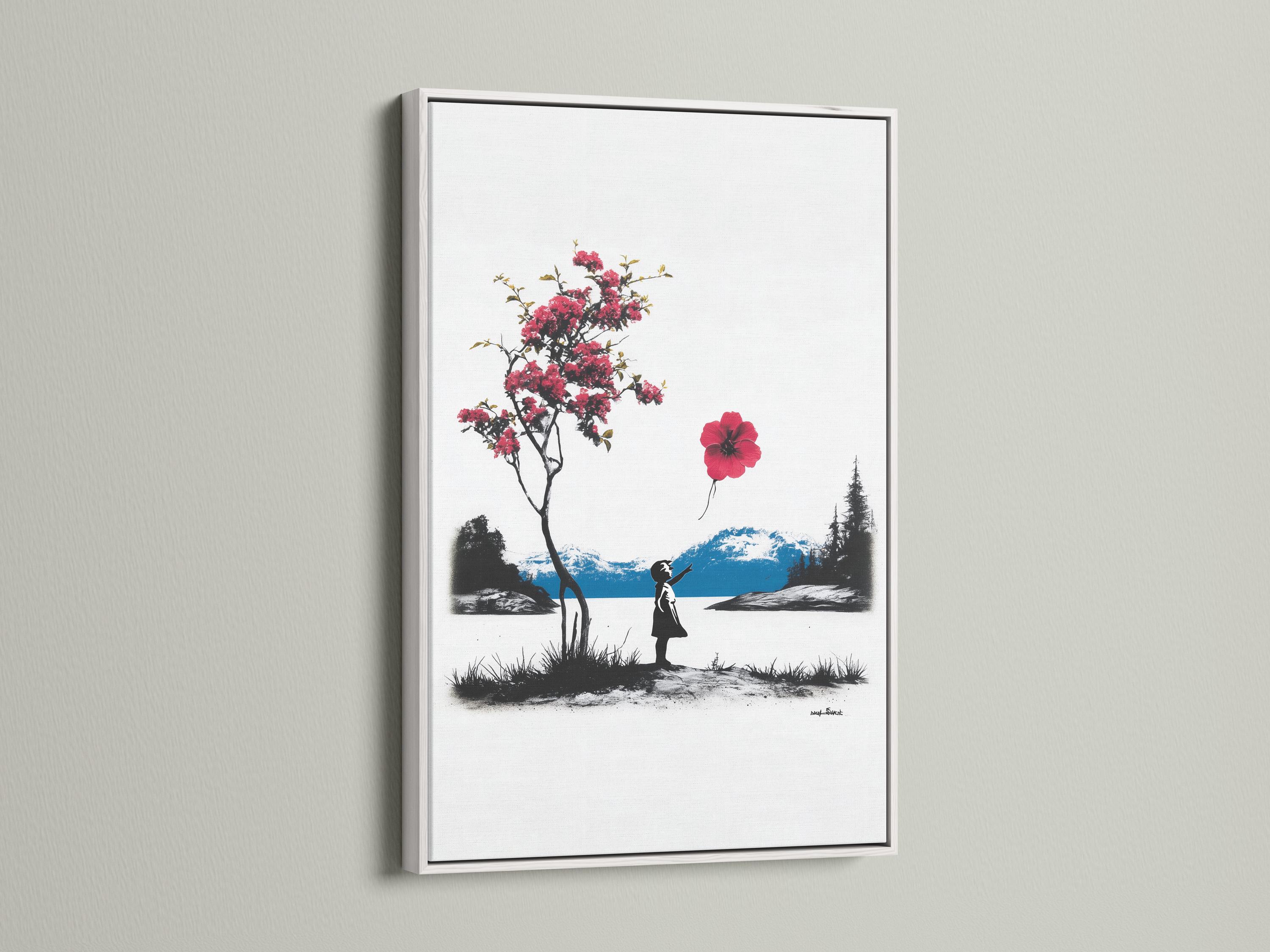 Room mockup showing a framed artwork of a silhouetted girl holding a red balloon in a black-and-white landscape