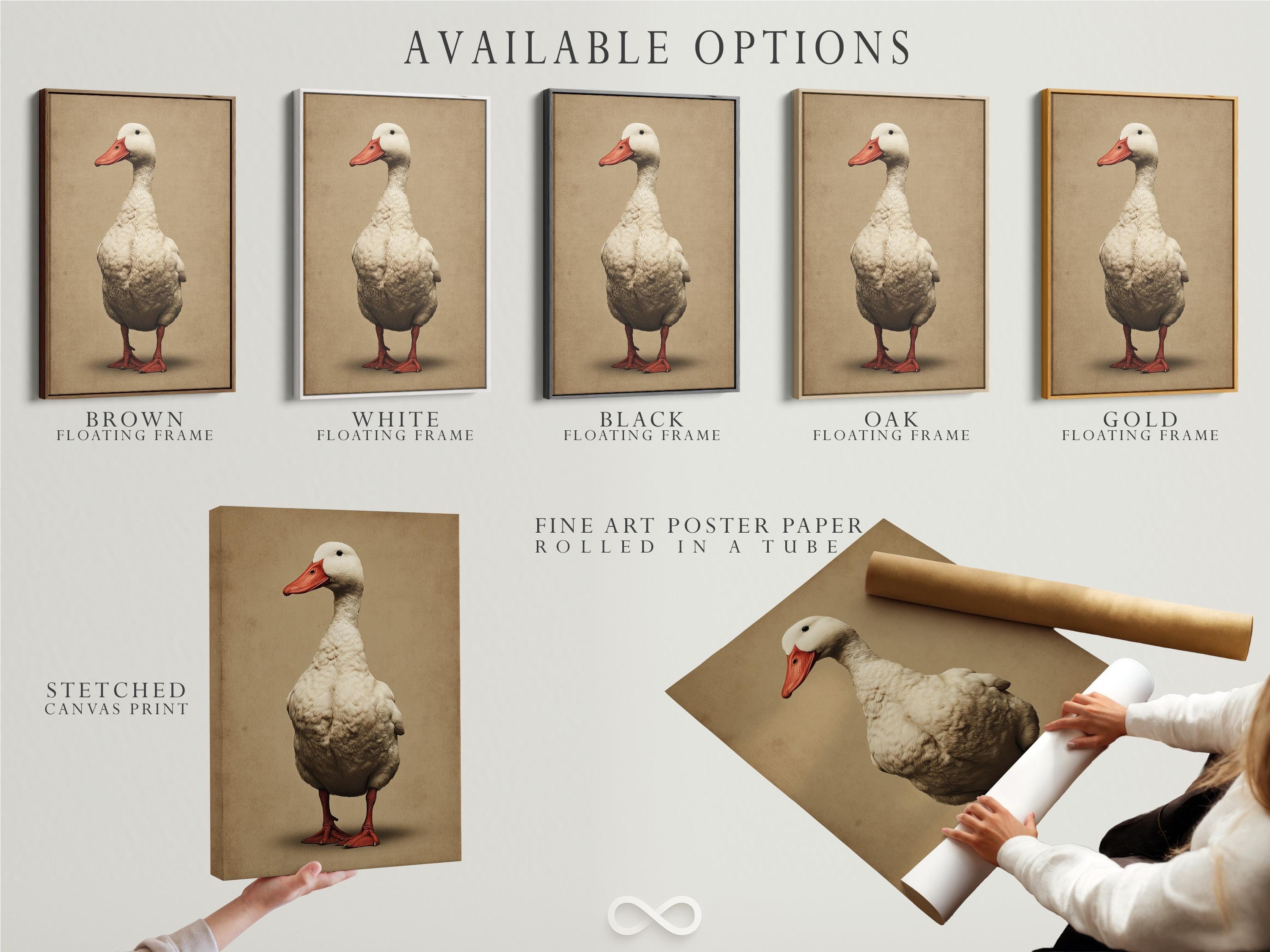 A vintage-style goose portrait with a red beak and detailed feather shading stands in front of a warm beige background detail view