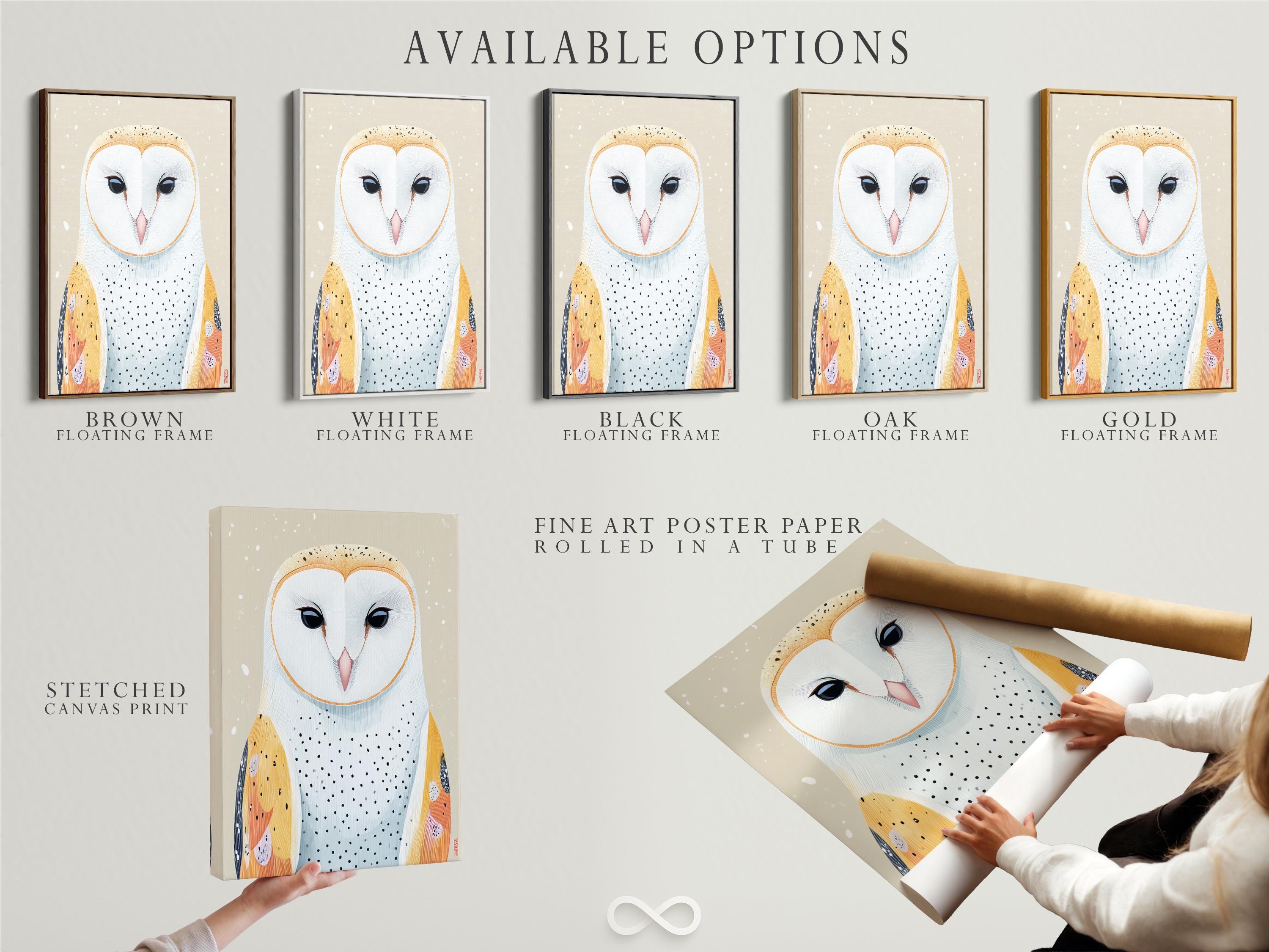 Room mockup showing a framed owl artwork with neutral beige background and orange and blue details
