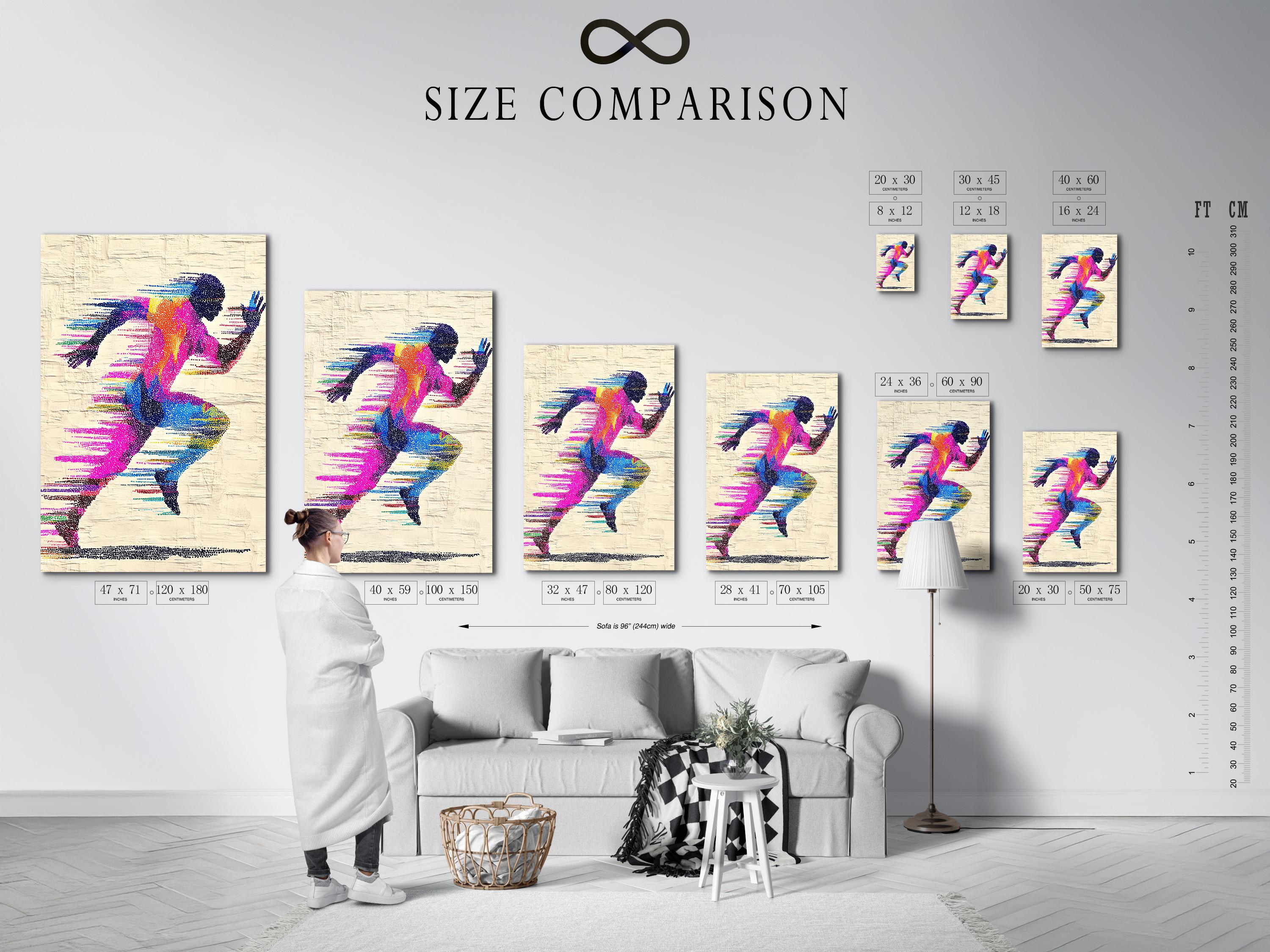 A colour-dotted silhouette of a runner stretches across a textured off-white background, with flowing striped motion lines in bright magenta, blue