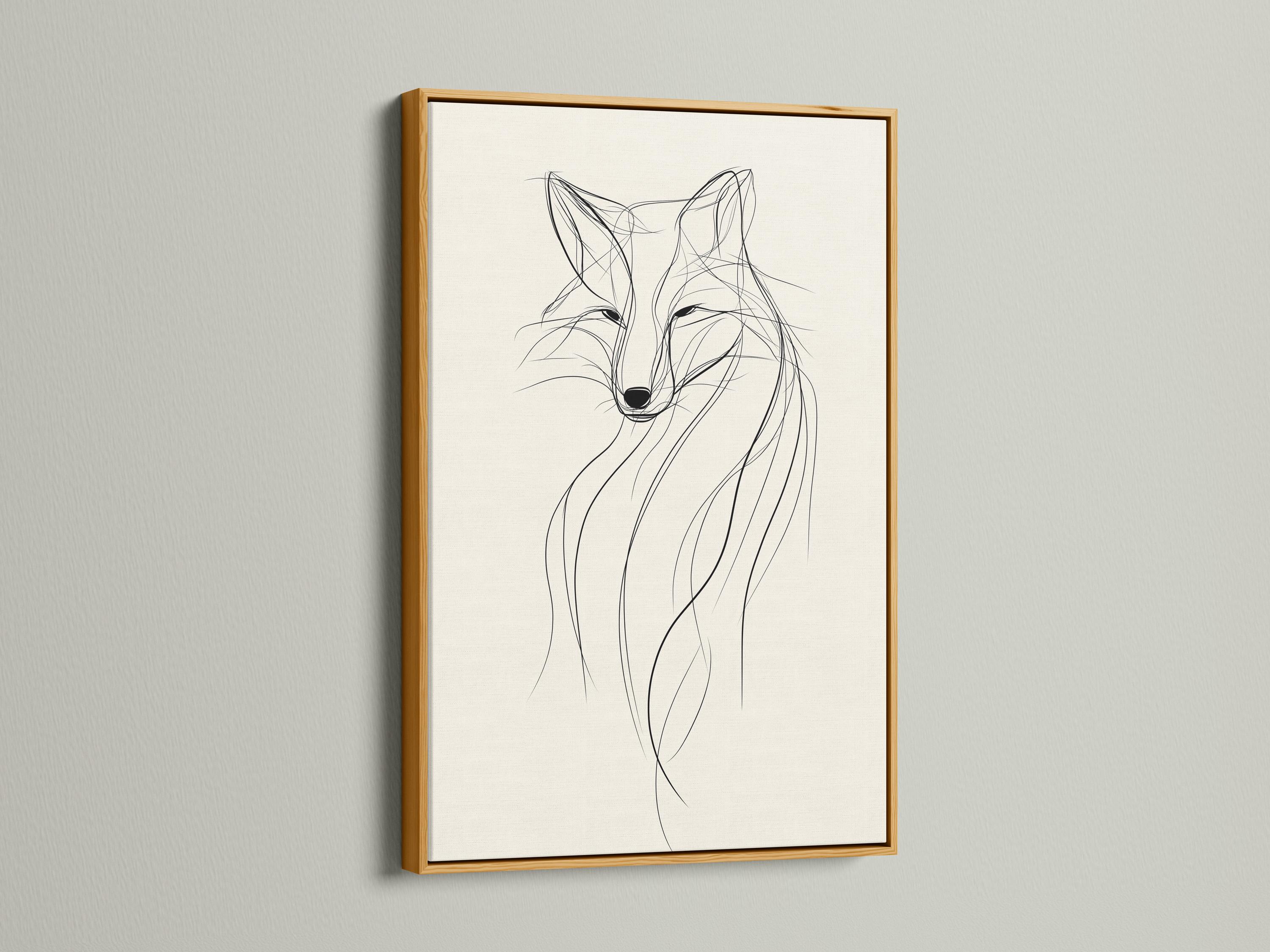 Minimalist fox line drawing in black on a warm beige background detail view
