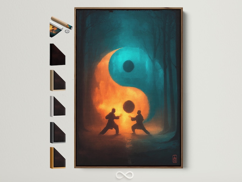 Teal and orange yin-yang symbol with two dark meditating figures and faint tree silhouettes
