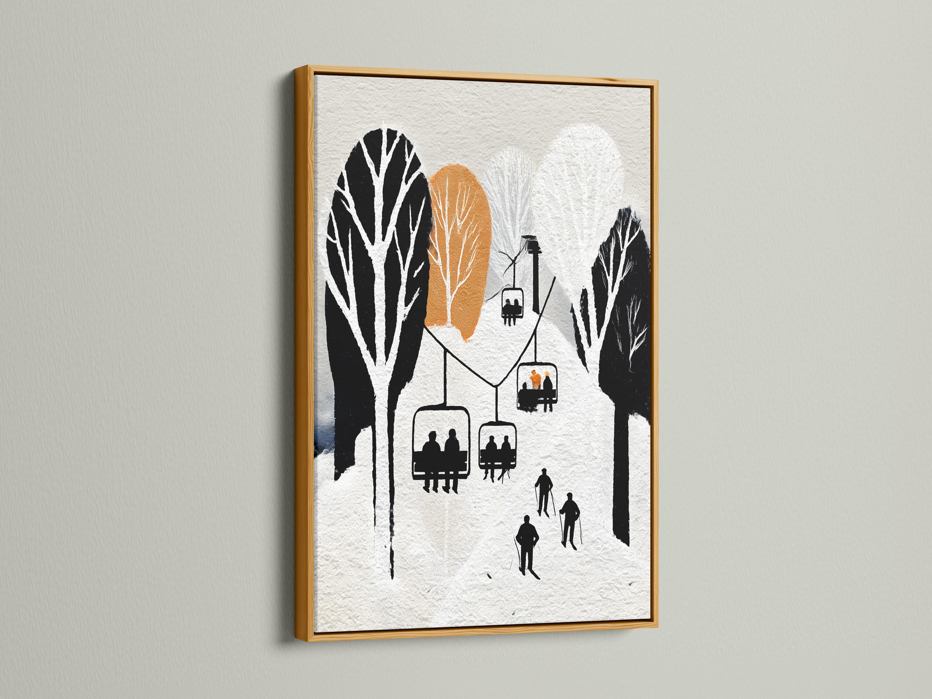 Minimalist winter ski lift scene with black silhouettes, skiers, trees and warm orange circles detail view