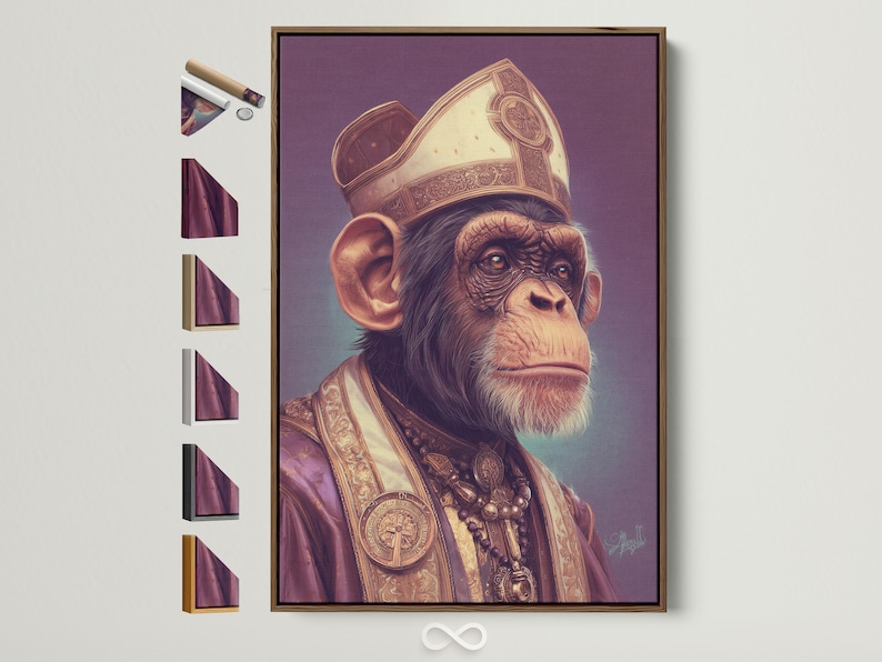 Portrait of a primate wearing an ornate mitre and robes with gold emblem details on a purple background