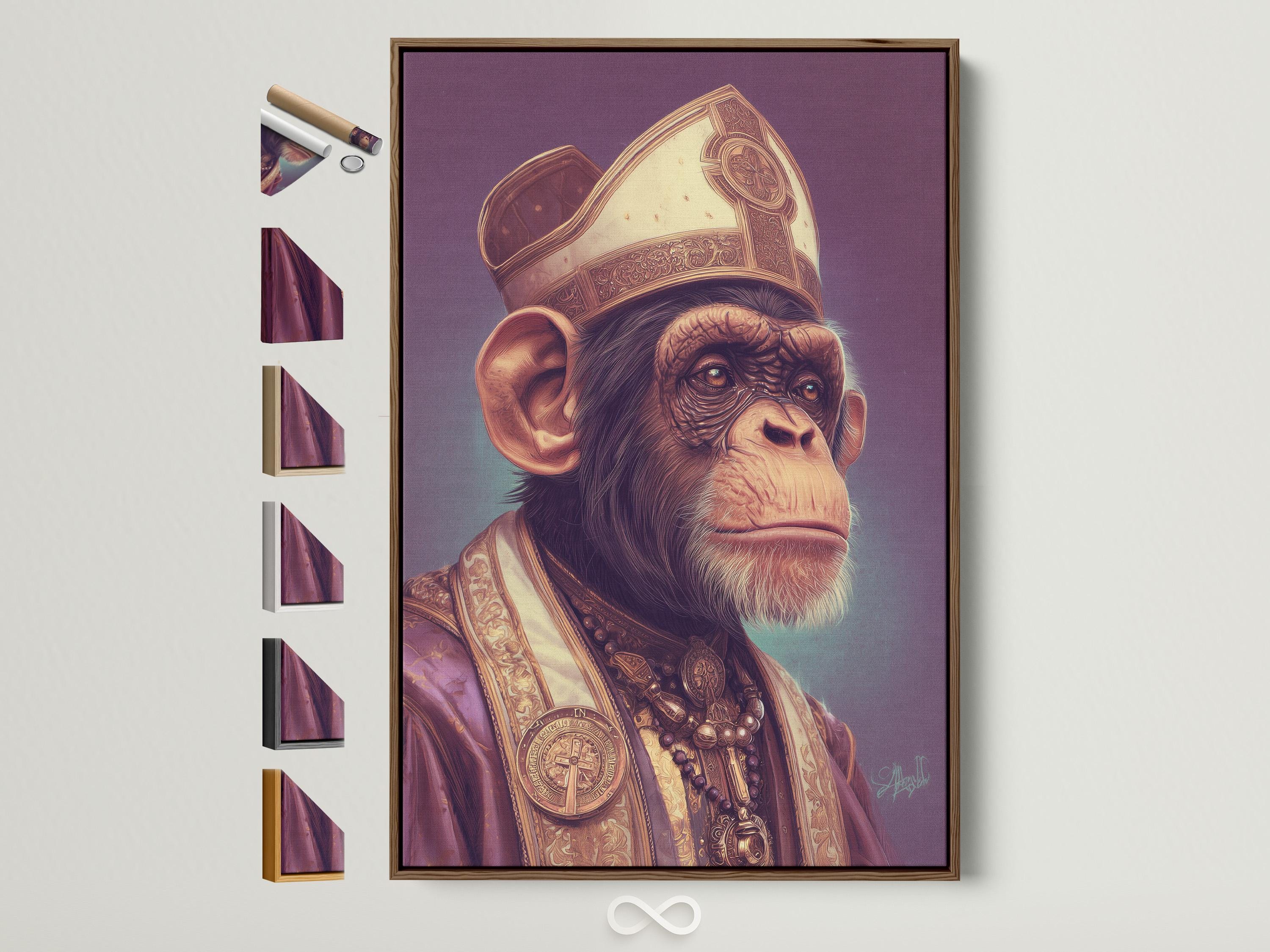 Portrait of a primate wearing an ornate mitre and robes with gold emblem details on a purple background
