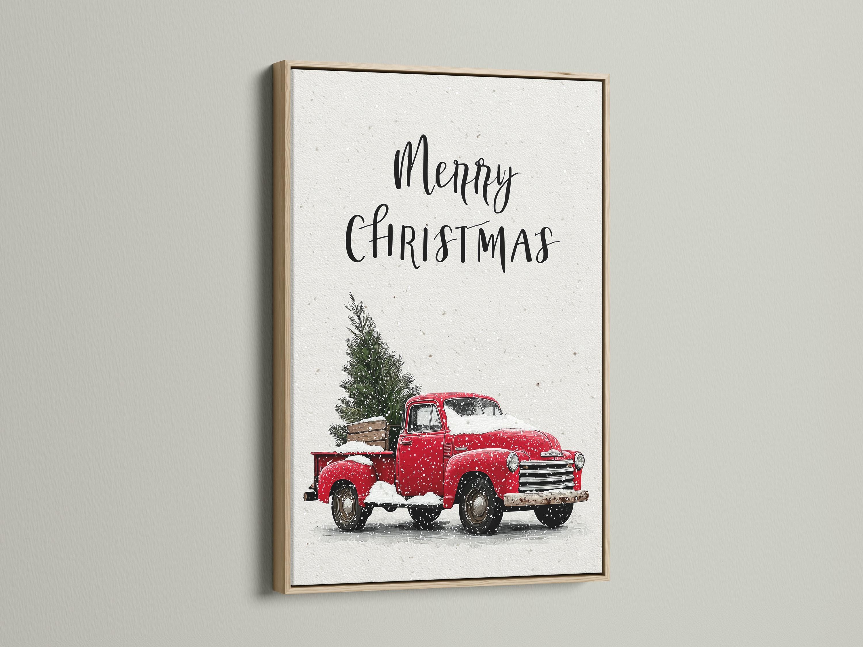 A white, snow-speckled scene shows a red vintage truck holding a Christmas tree, with handwritten-style text above it reading “Merry Christmas.”