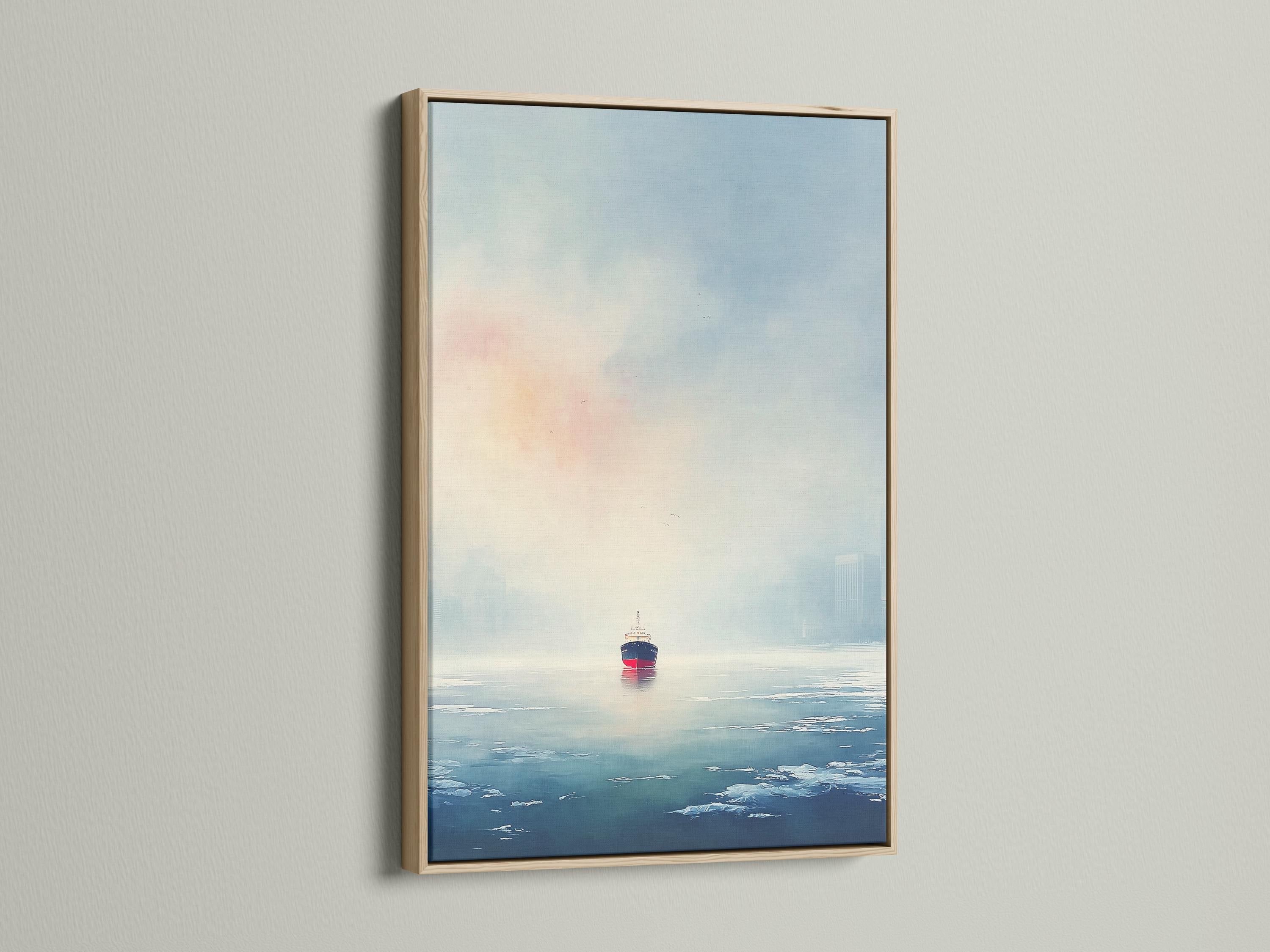 Room mockup showing a framed seascape artwork with a small ship on the ocean