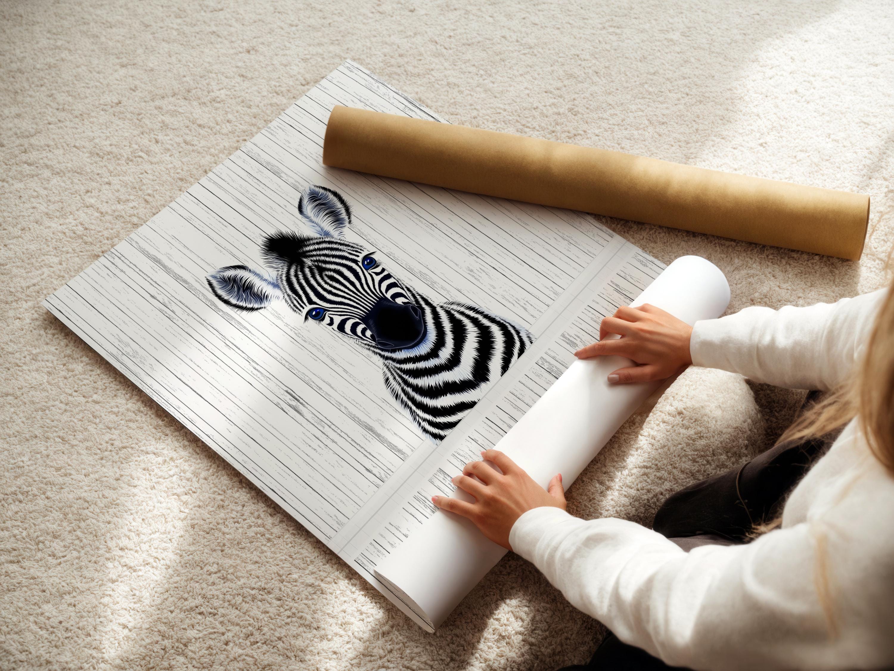Room mockup showing framed zebra portrait wall art with black and white stripes and blue eyes