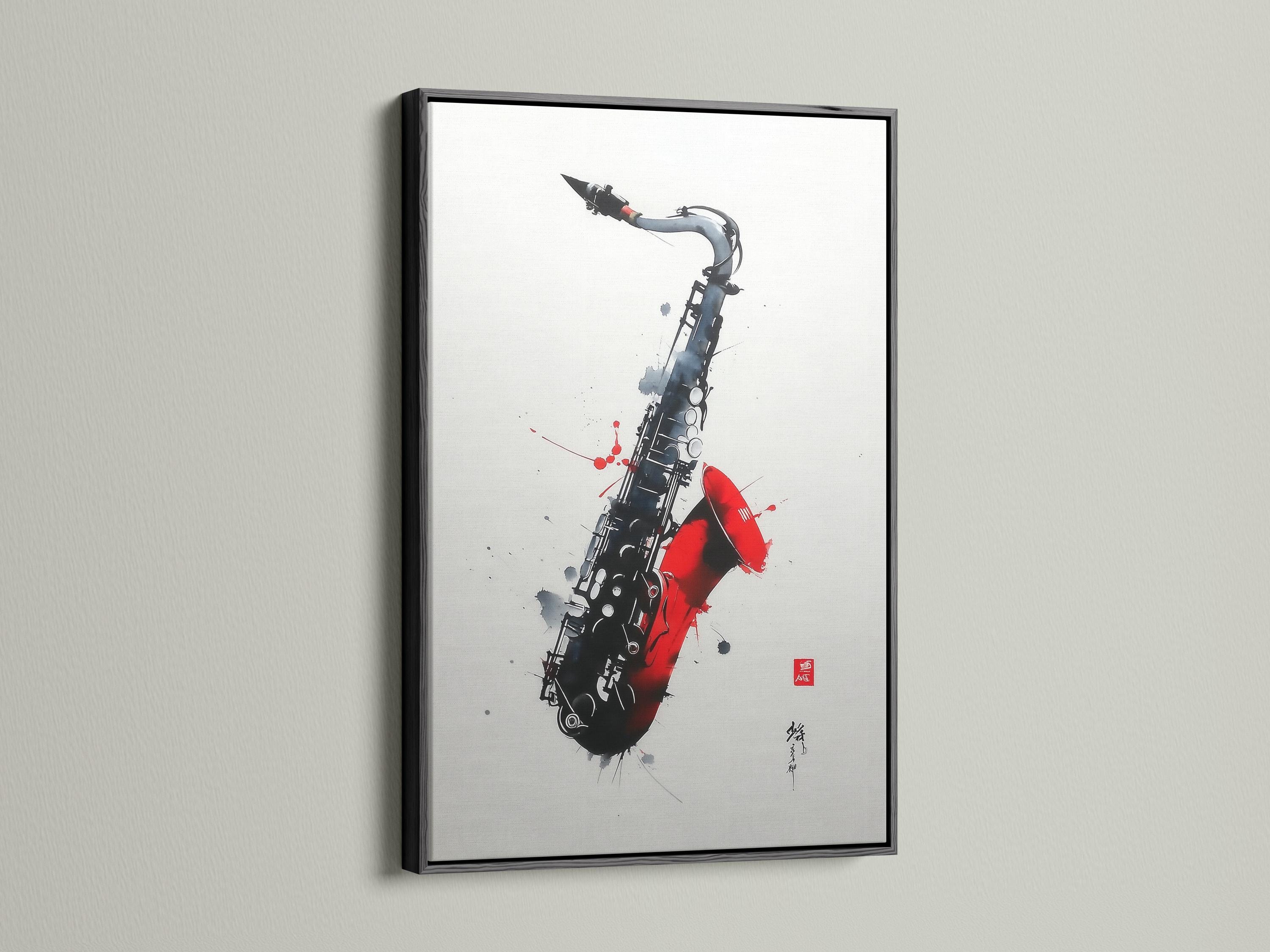 Red and black saxophone illustration with paint splatter marks on an off-white background detail view