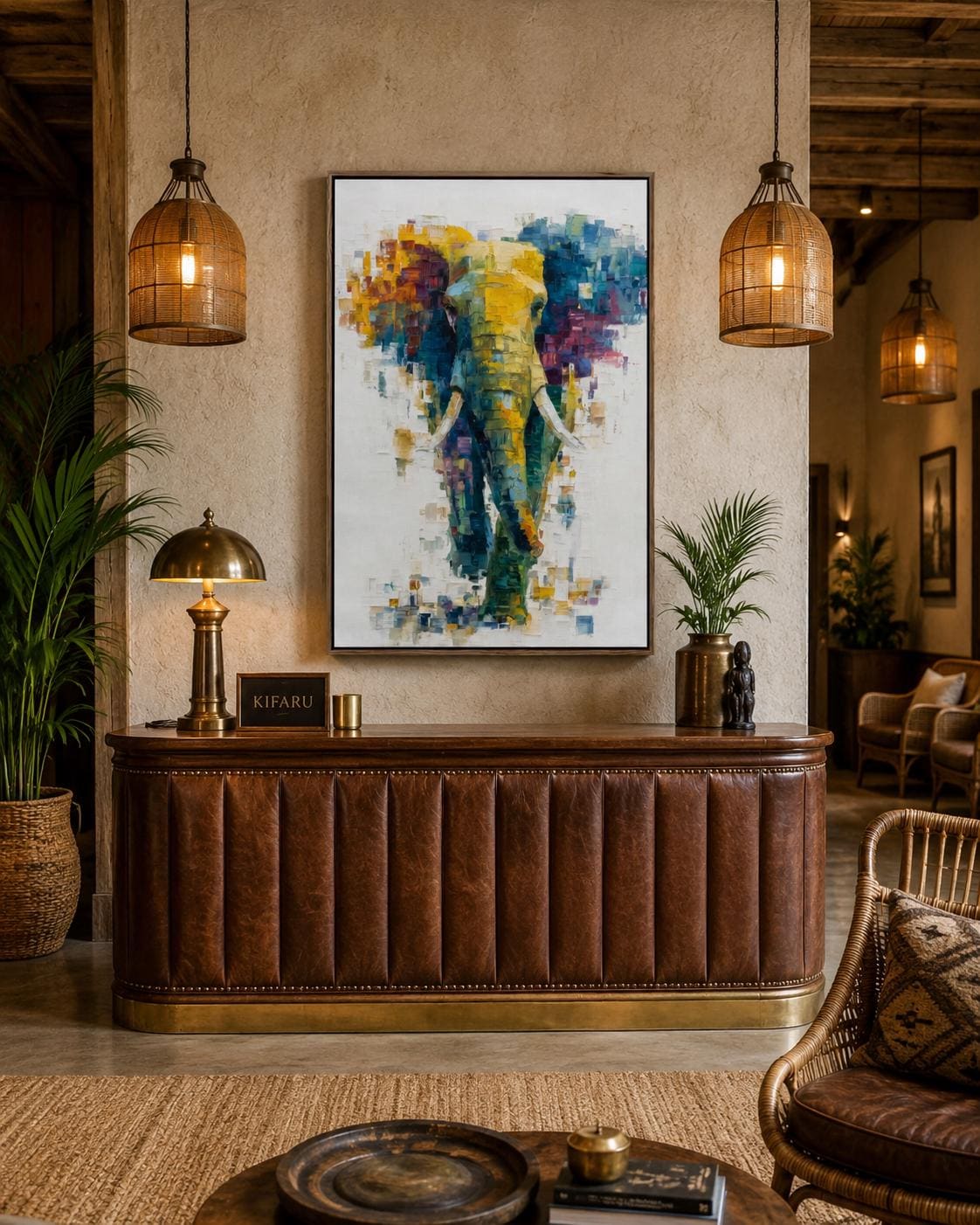 Abstract elephant artwork with layered teal, yellow and magenta colour blocks on an off-white background detail view