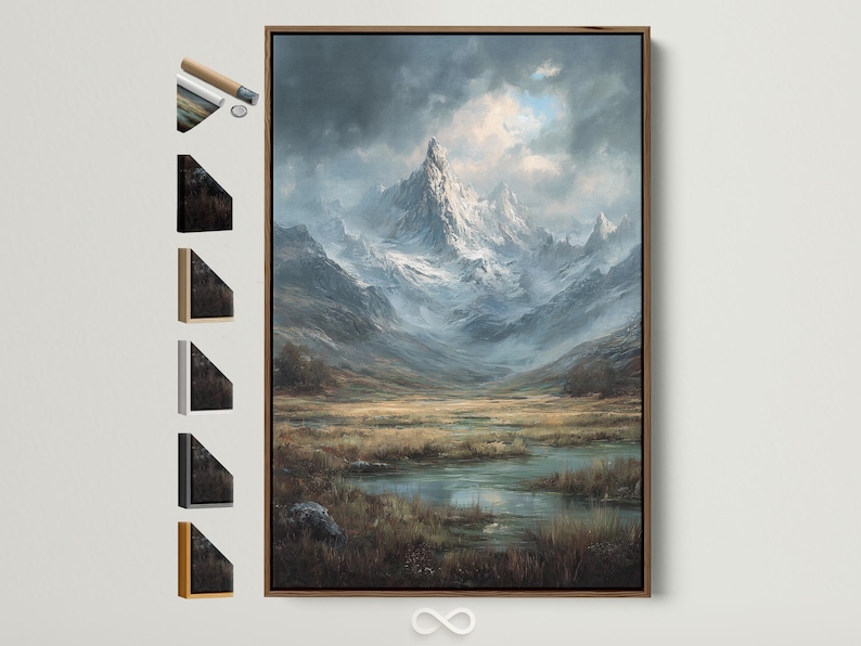 Painterly mountain landscape with a snowy central peak, misty clouds, and a reflective lake in the foreground
