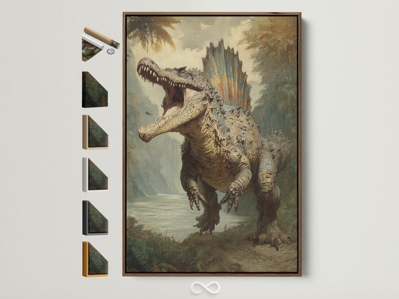 Prehistoric dinosaur artwork with open mouth in a misty jungle scene