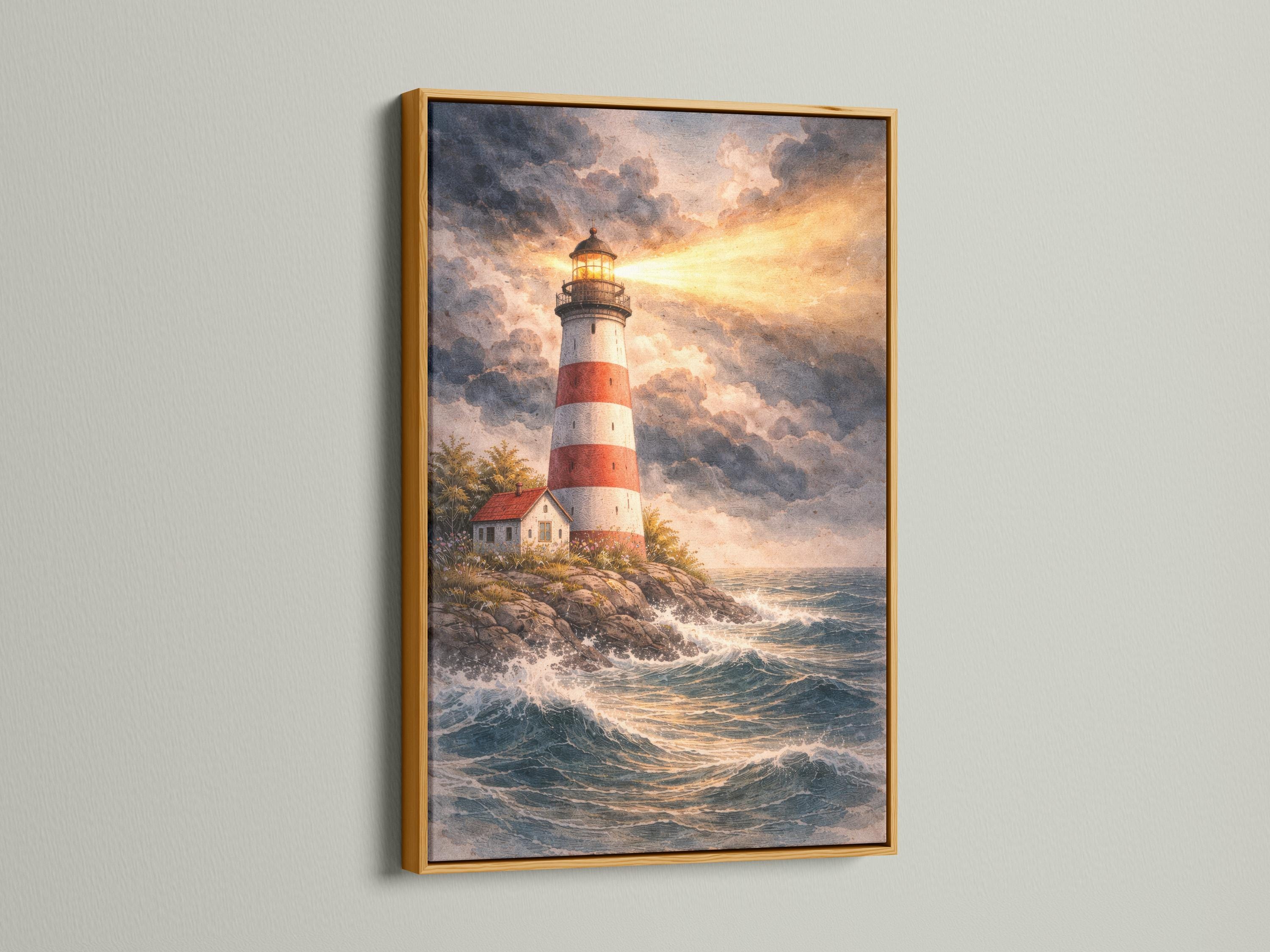 Lighthouse on a rocky coast in a stormy seascape with dark clouds and a warm golden beam detail view
