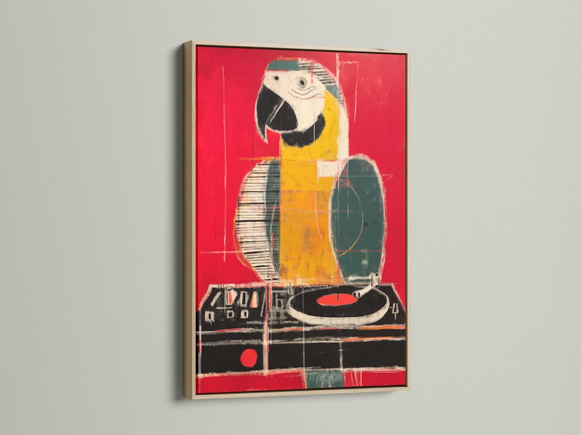 Stylised parrot-like bird artwork in red, yellow and black with painterly, grid-like lines detail view