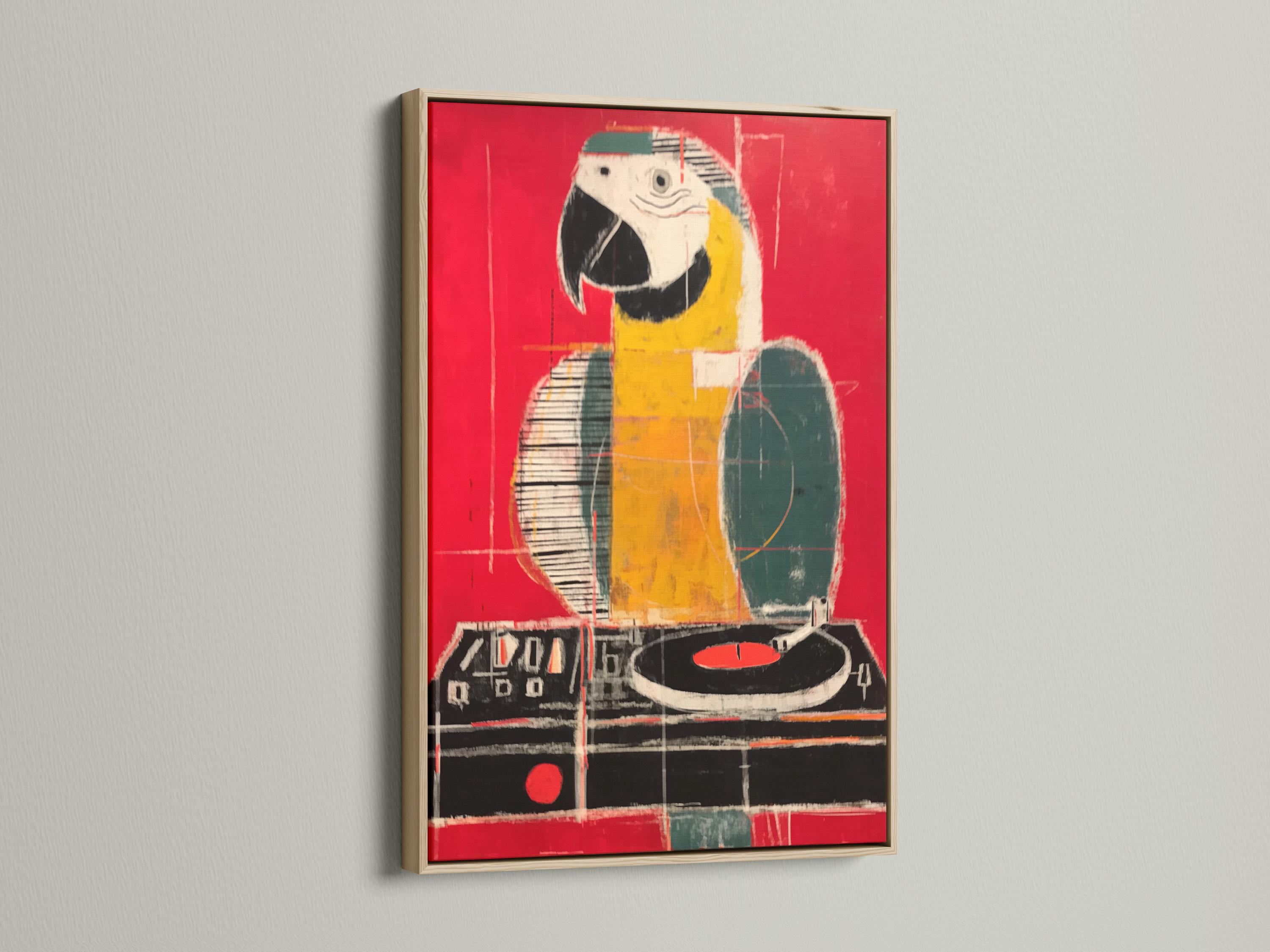 Stylised parrot-like bird artwork in red, yellow and black with painterly, grid-like lines detail view