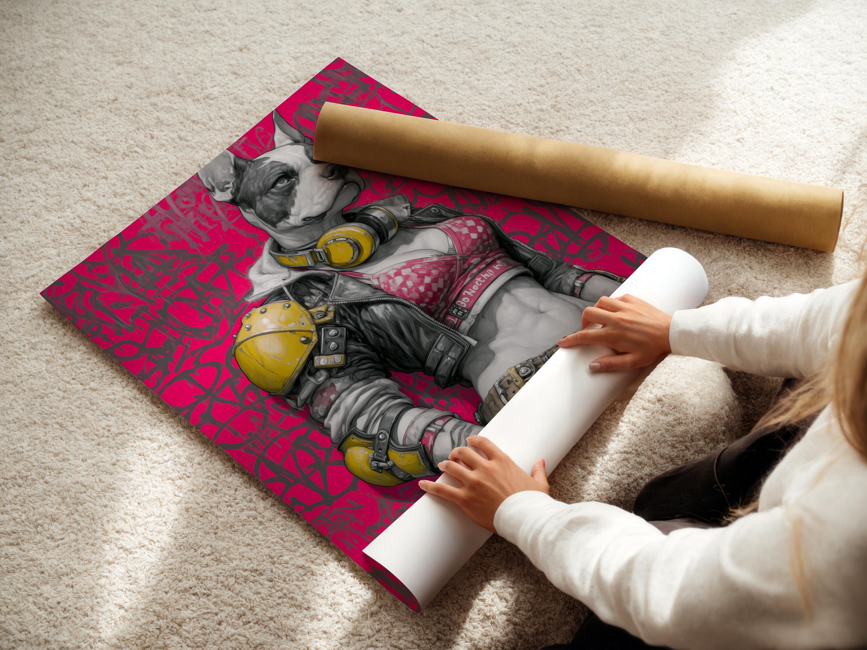 Stylised astronaut dog illustration with a pink graffiti background and yellow accents detail view