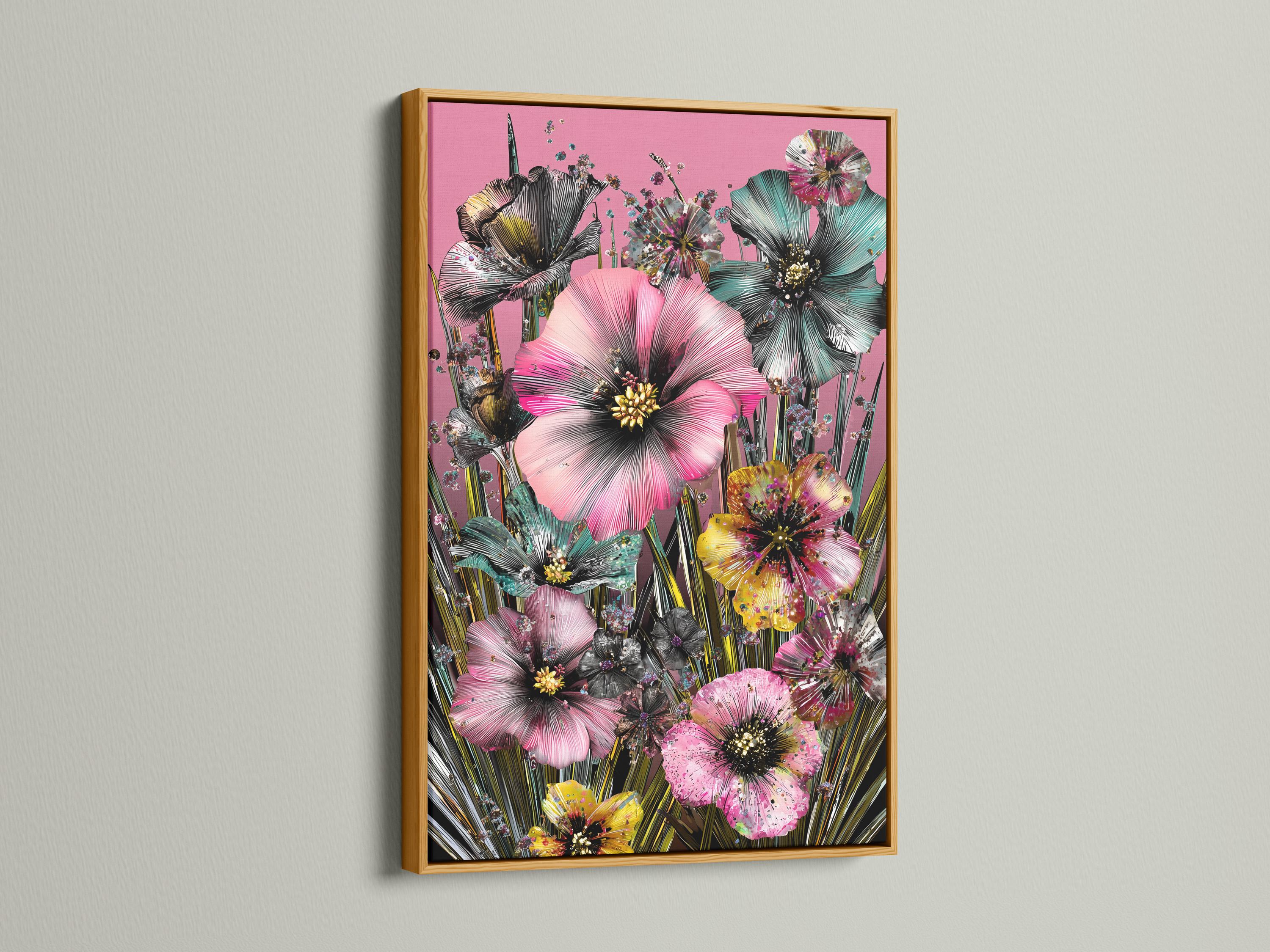 Portrait floral artwork with large pink blossoms, teal accents, dark centres and green stems on a pink background detail view