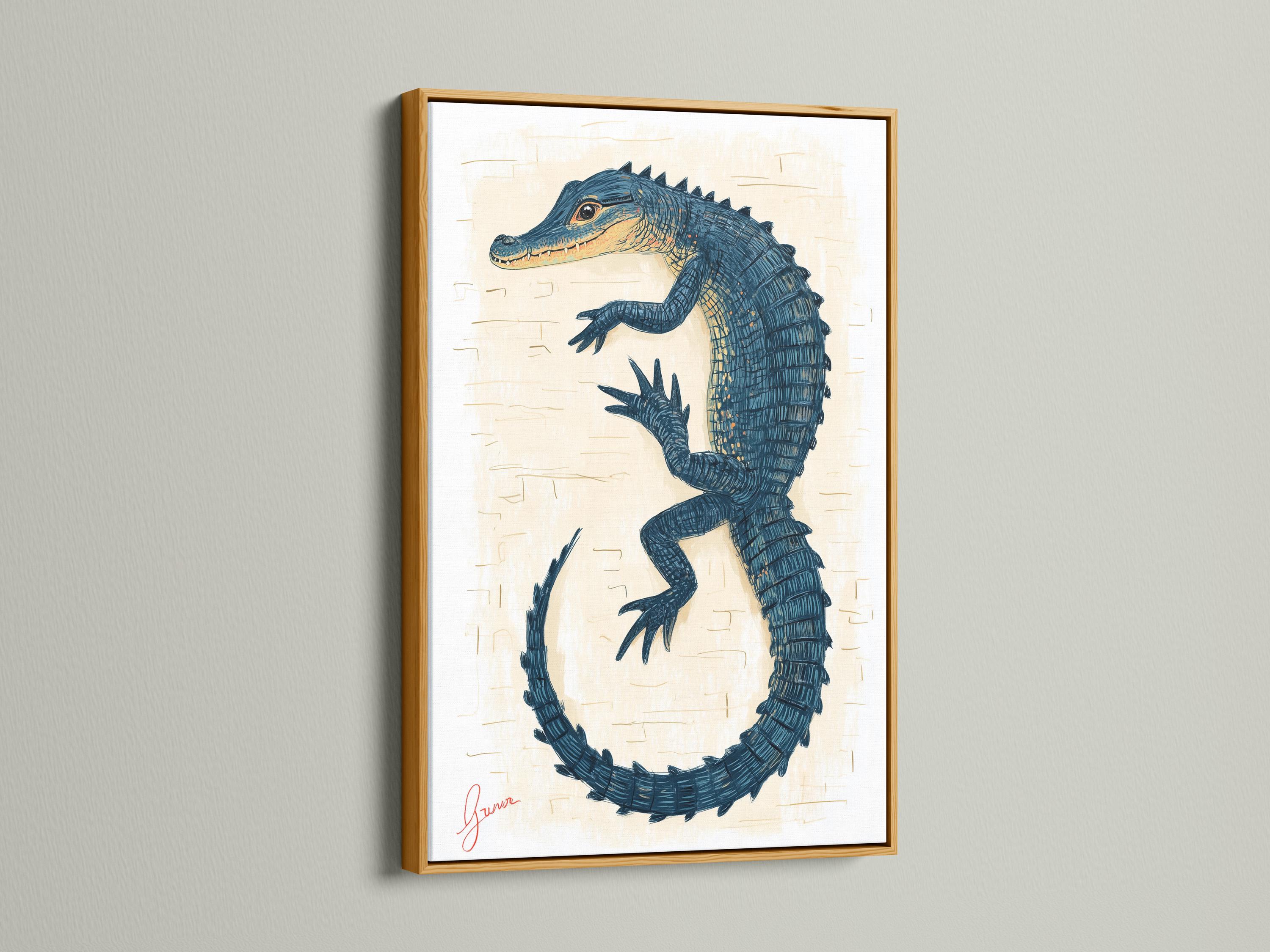Blue alligator illustration forming a circular loop with scale-like linework on a cream background detail view