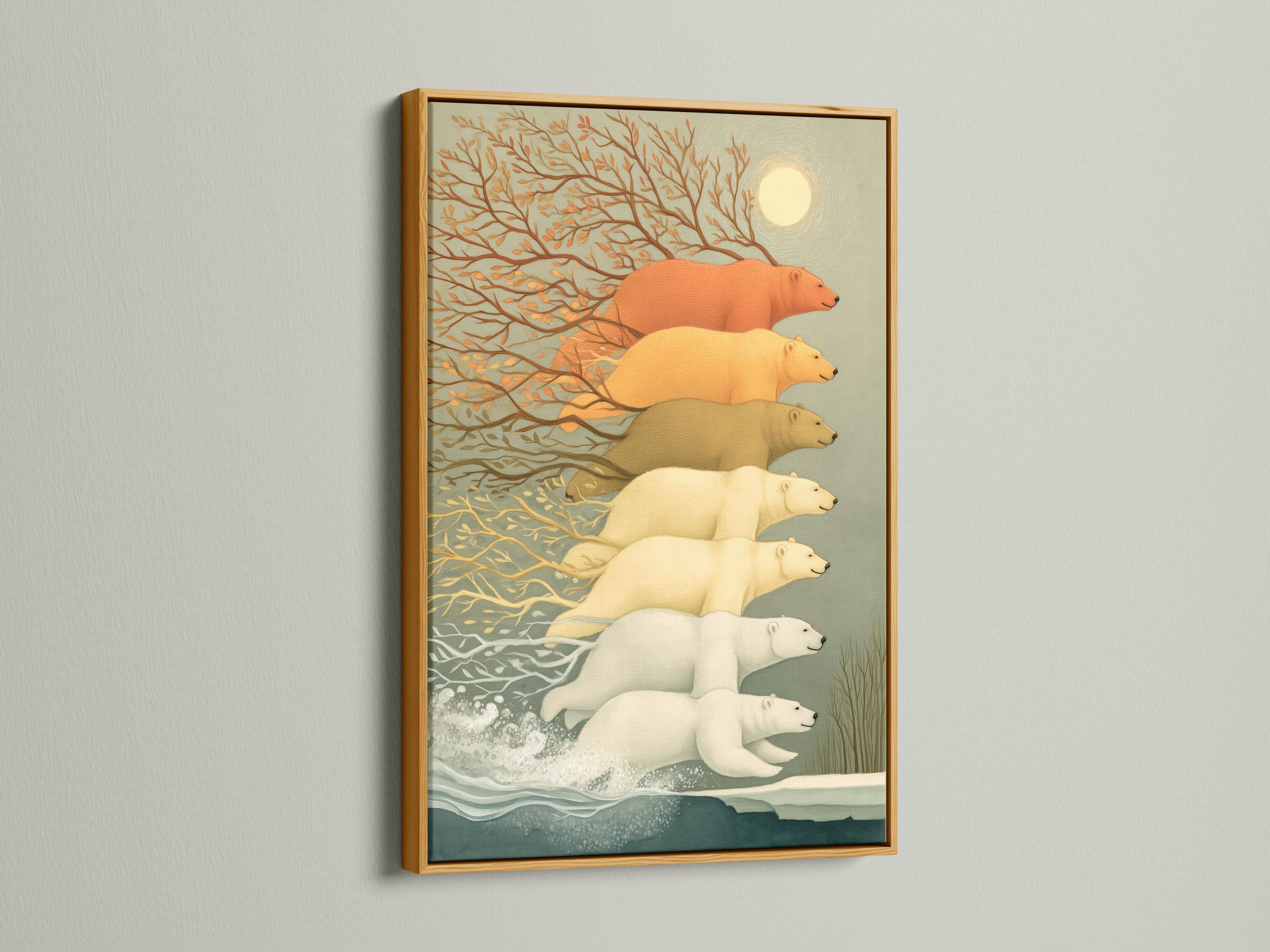 Polar bear family walking through a snowy scene with orange tree foliage and a glowing moon detail view