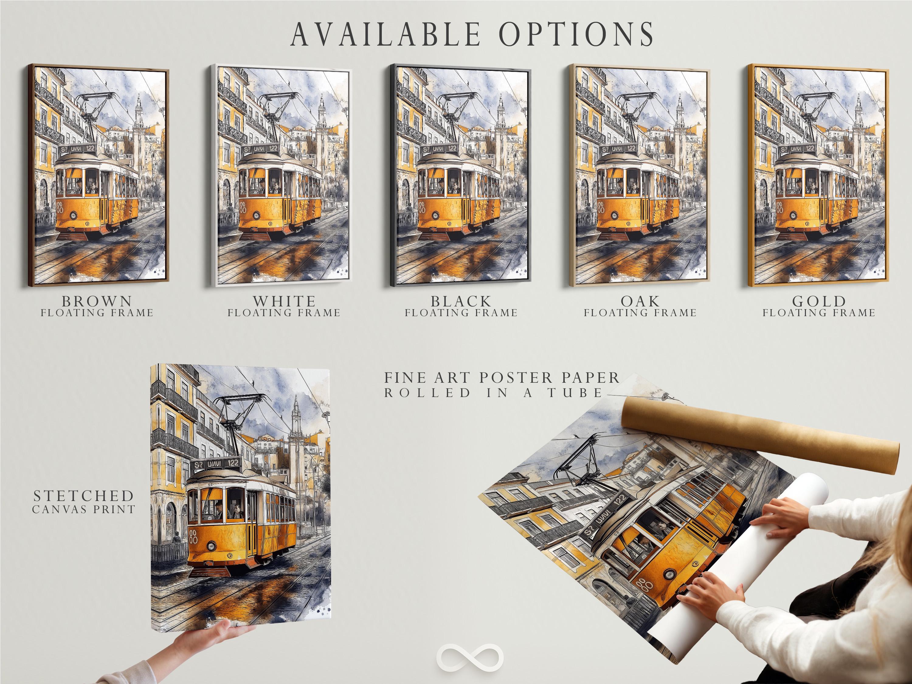 Painterly yellow tram on tracks beside city buildings with overhead cables detail view