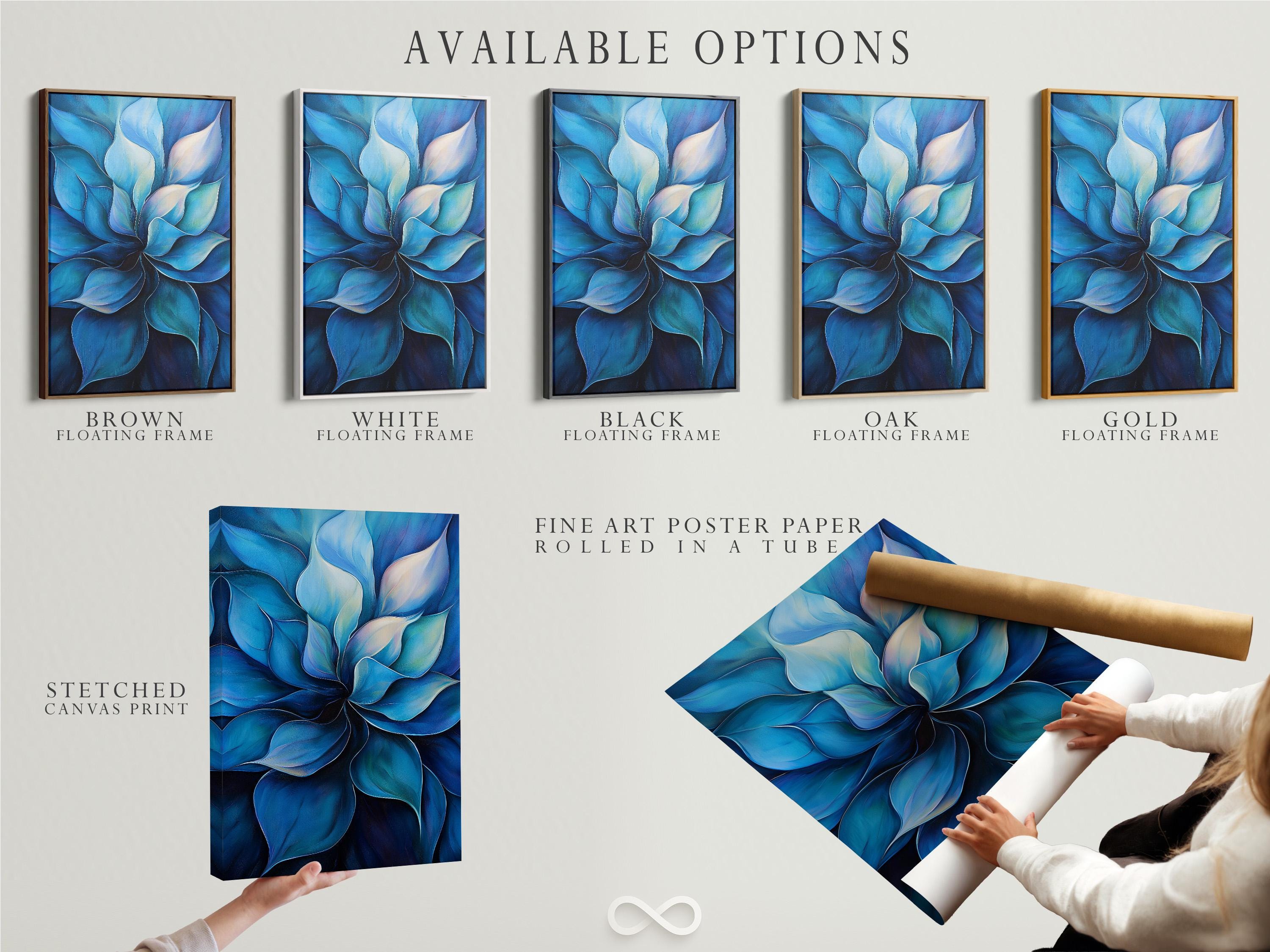 Blue abstract botanical artwork with layered petals and ivory highlights detail view