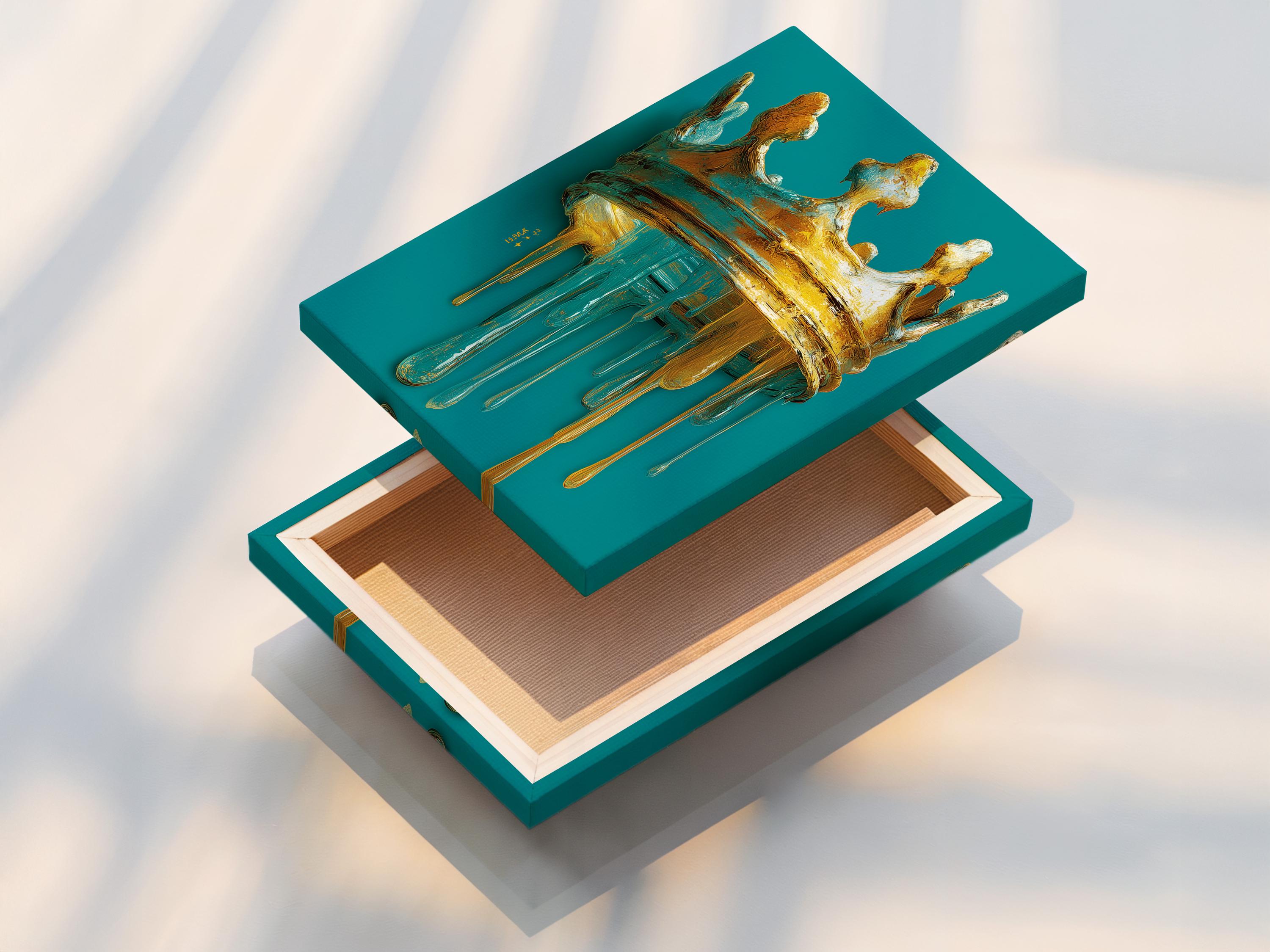 Wall mockup showing a teal and gold crown drip painting framed artwork