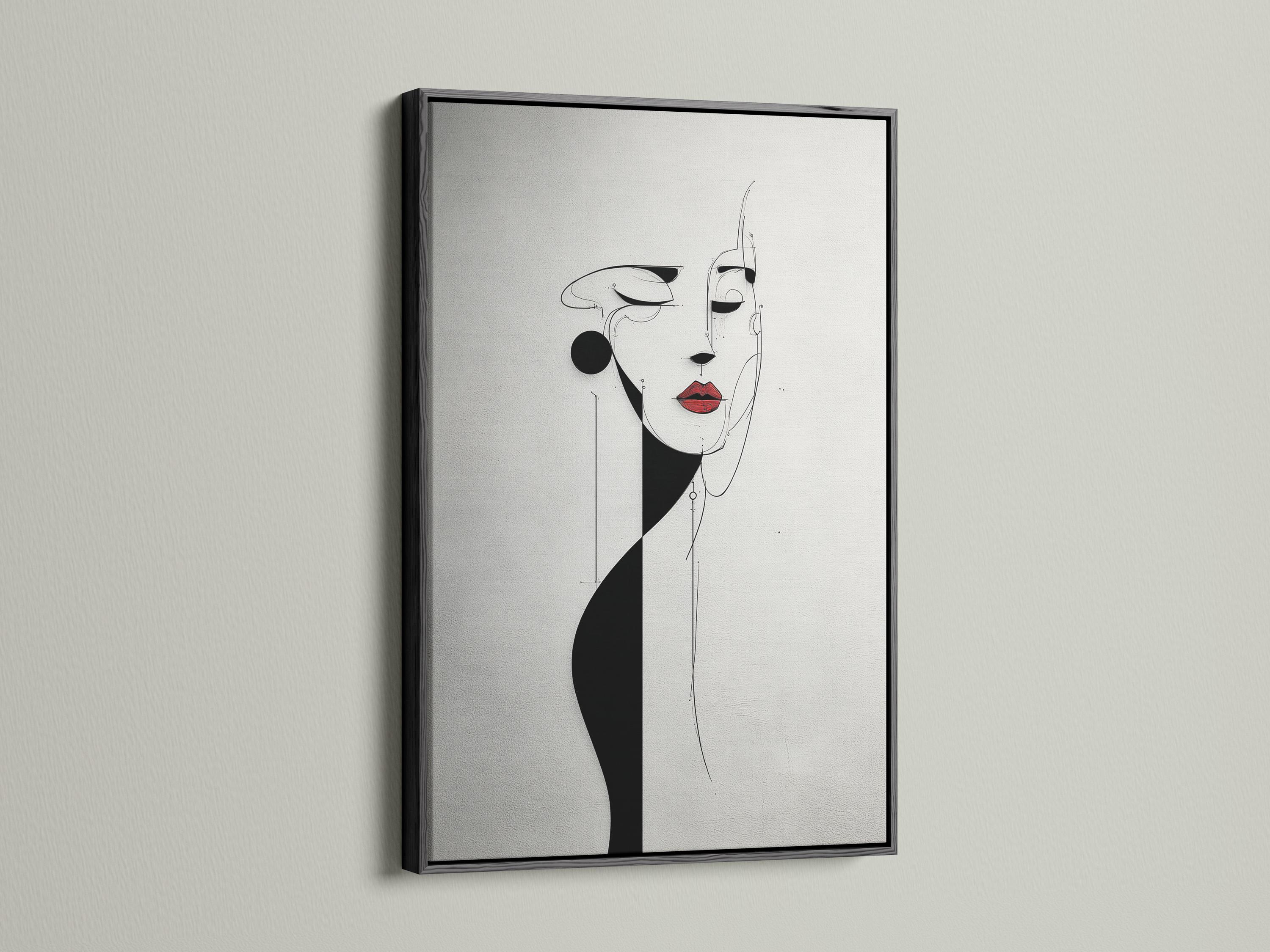Minimalist black and white line-art woman face with red lips accent detail view