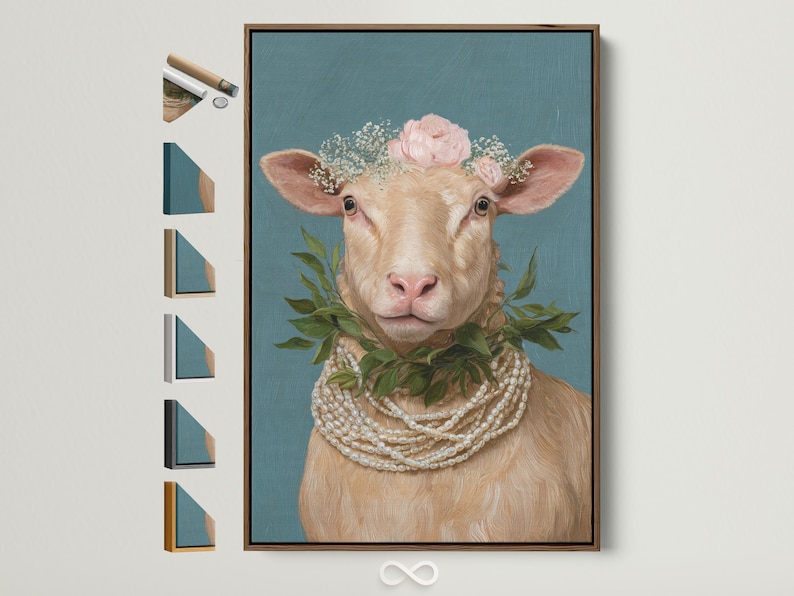 Portrait of a sheep with a pink floral crown and pearl-like necklace on a teal background