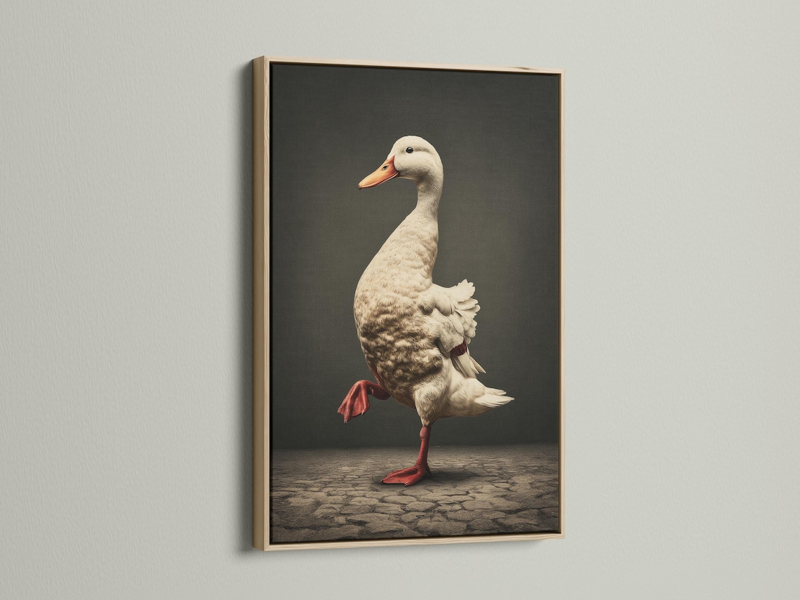 Vintage duck illustration in cream and rust red-orange standing on cobblestone-like ground against a dark background detail view