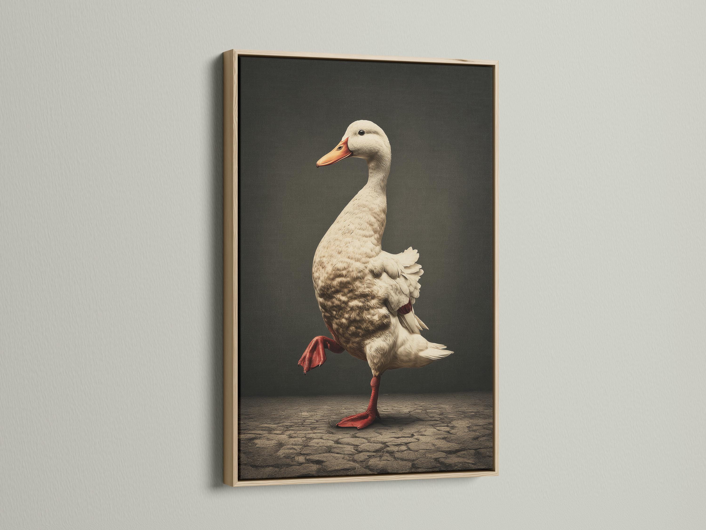 Vintage duck illustration in cream and rust red-orange standing on cobblestone-like ground against a dark background detail view