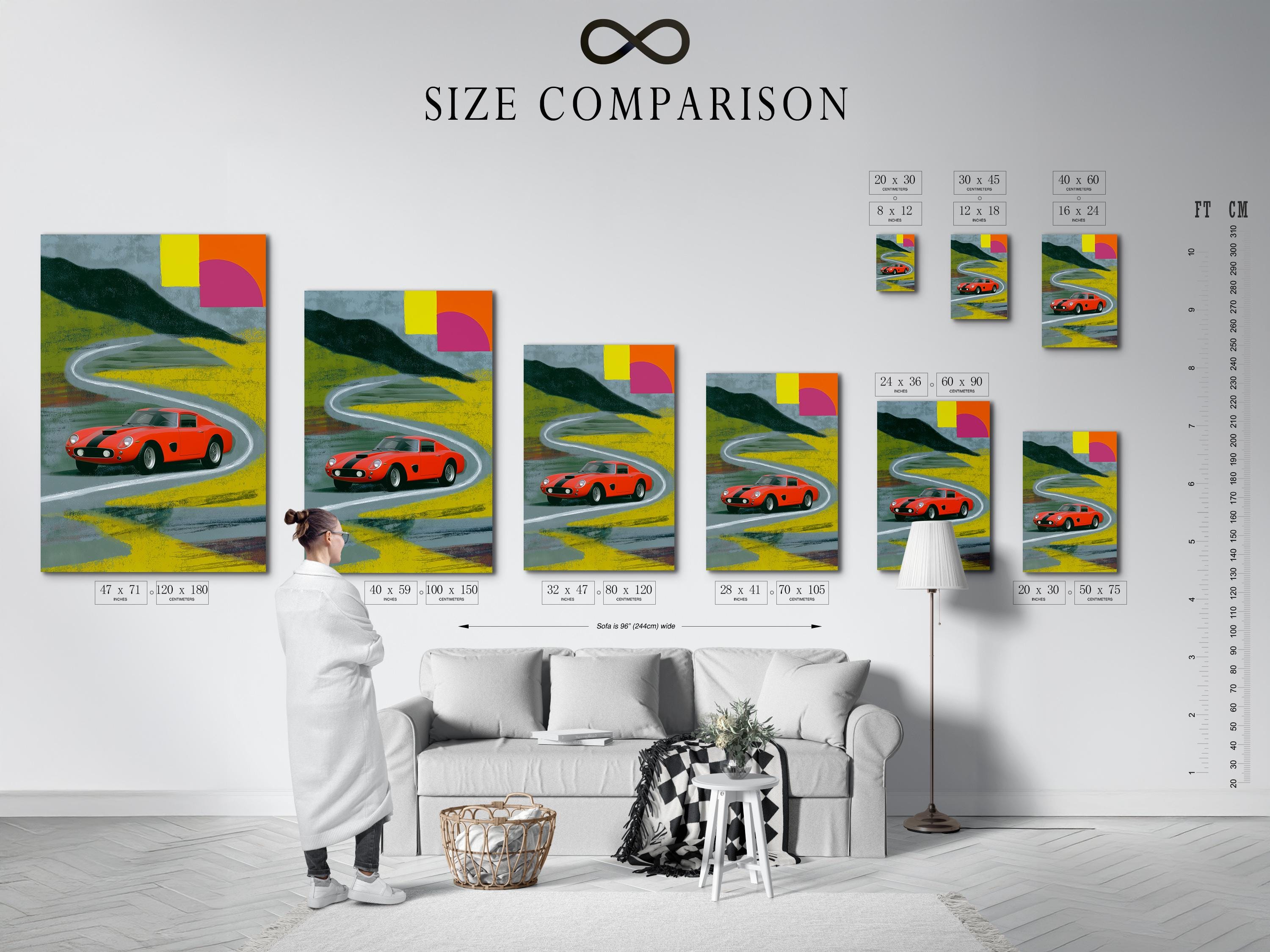 Red vintage race car on a curving track with geometric blocks in pink, yellow and green detail view