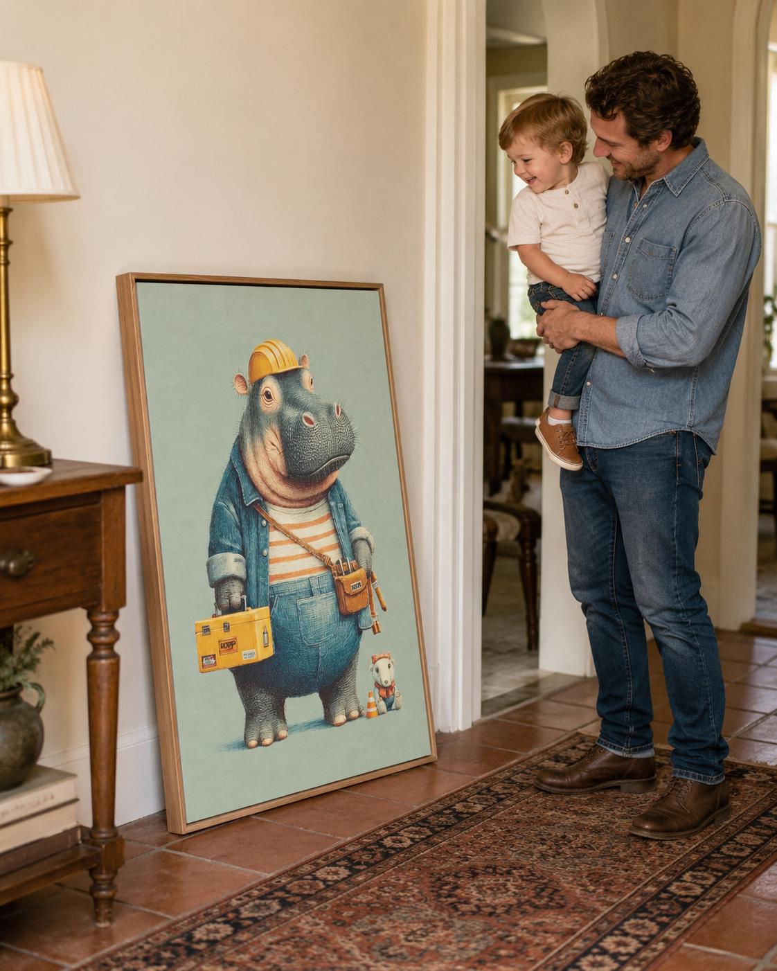 A family sitting on a bed looking at a framed hippo builder artwork above a shelf