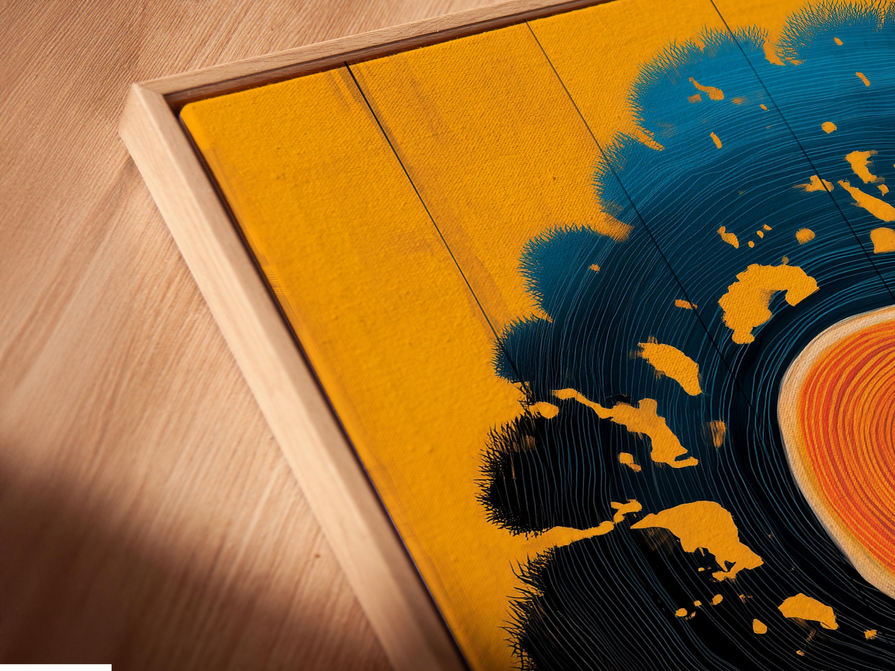 Stylised tree trunk and concentric tree rings with teal wave-like canopy on a gold background detail view