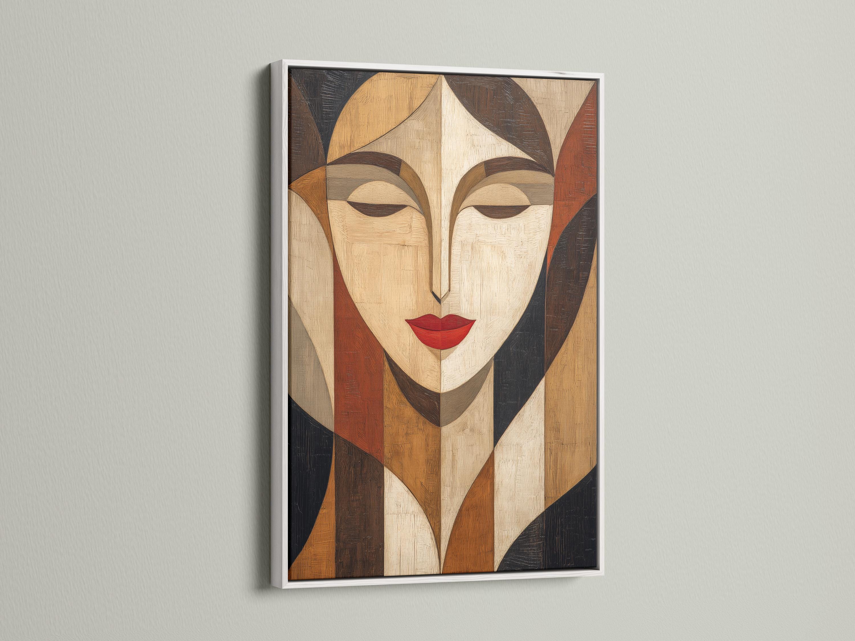 Room mockup showing abstract geometric woman portrait artwork