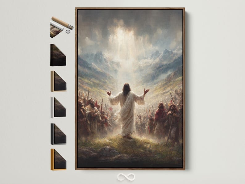 A robed figure with raised arms stands in a crowd beneath glowing light in a misty mountain landscape