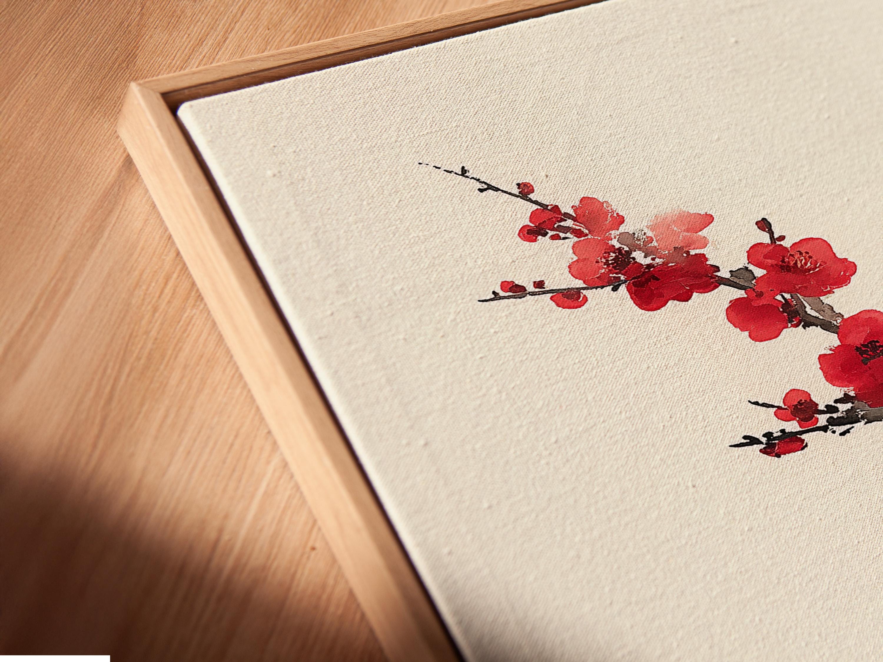 Red and pink plum blossoms on a black ink tree branch with vertical calligraphy and a red seal detail view