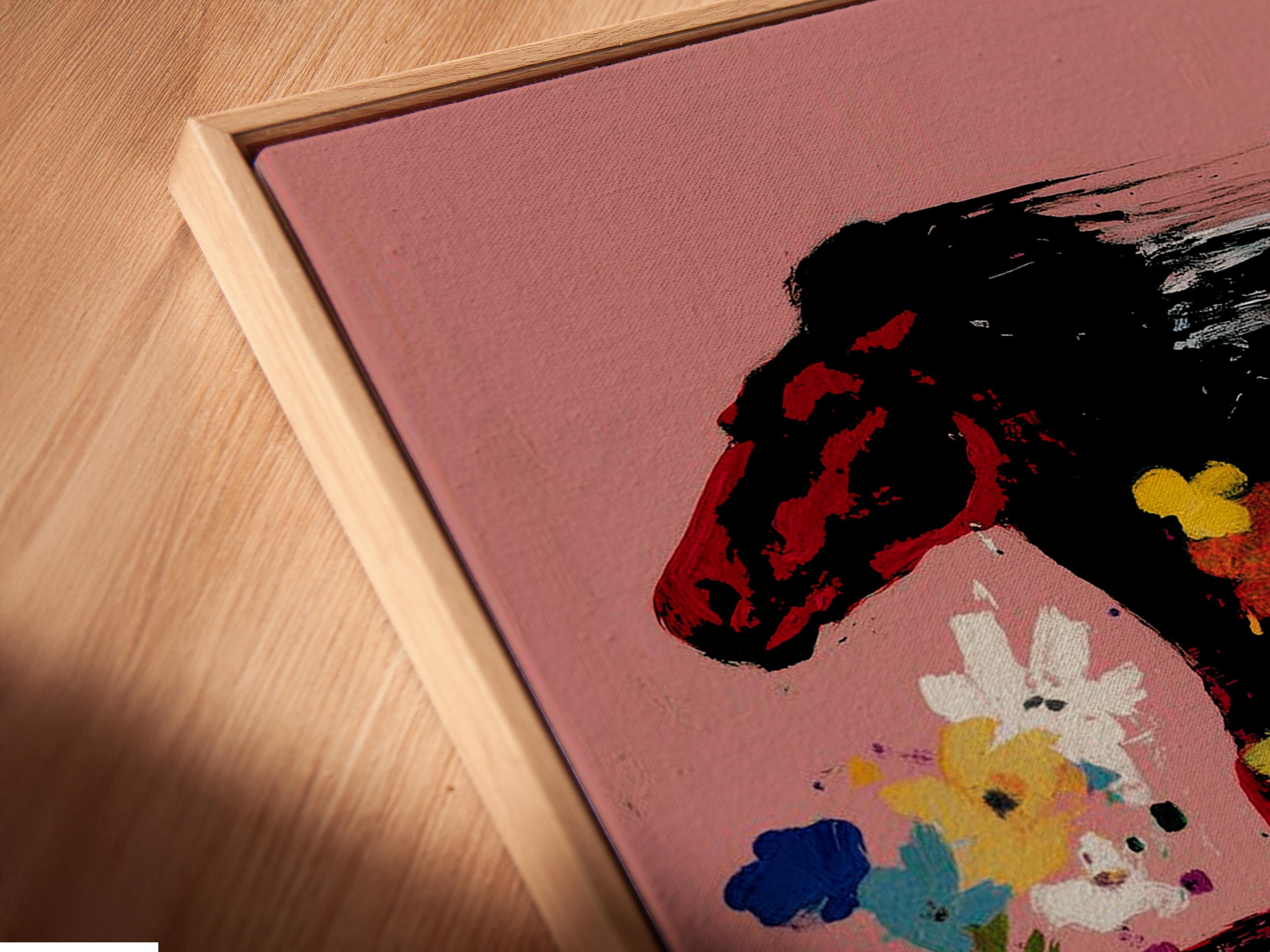 Abstract black horse profile with colourful flowers on a pink background detail view