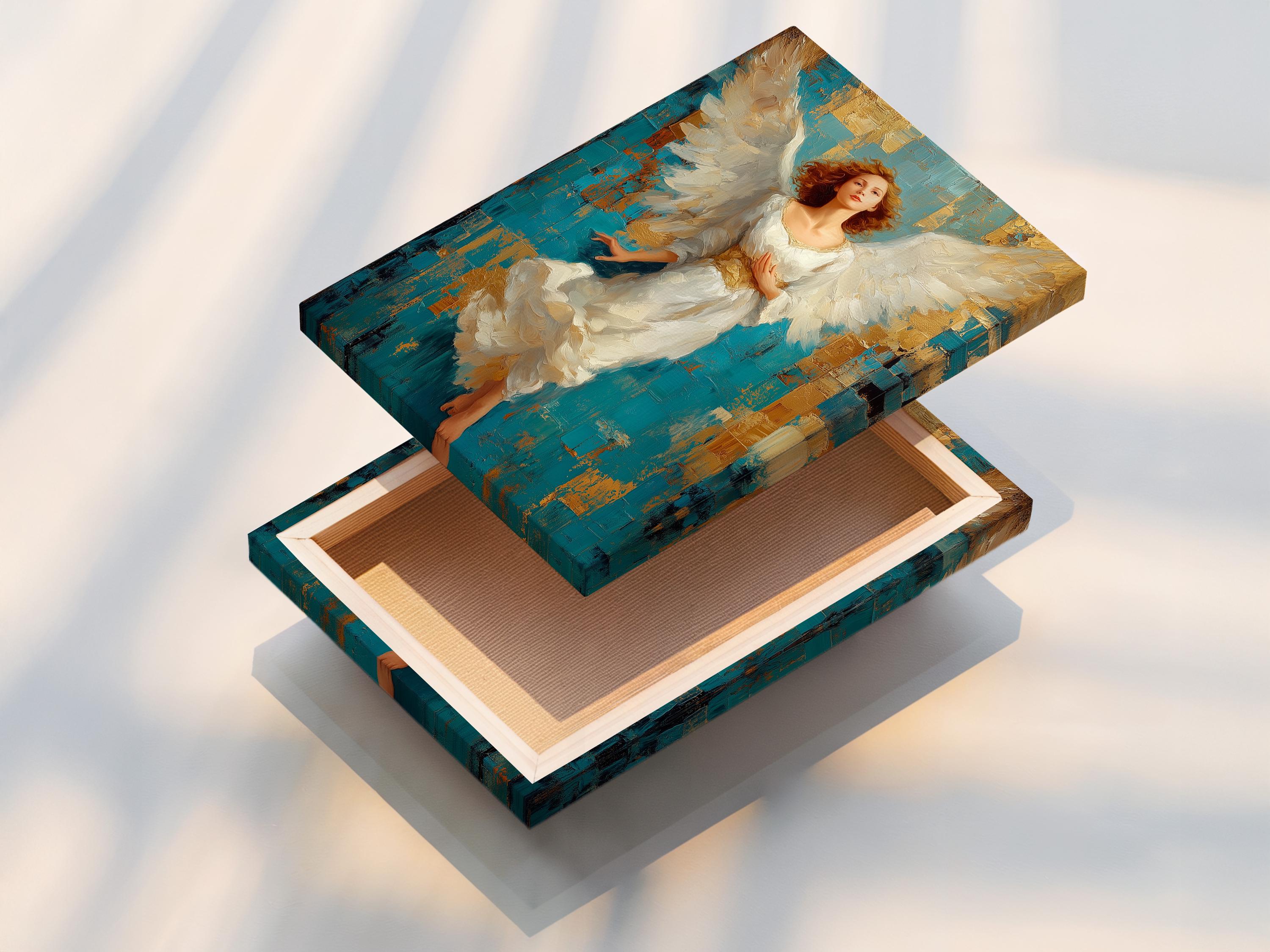 Winged angel portrait with flowing white robes against a teal and gold textured background detail view