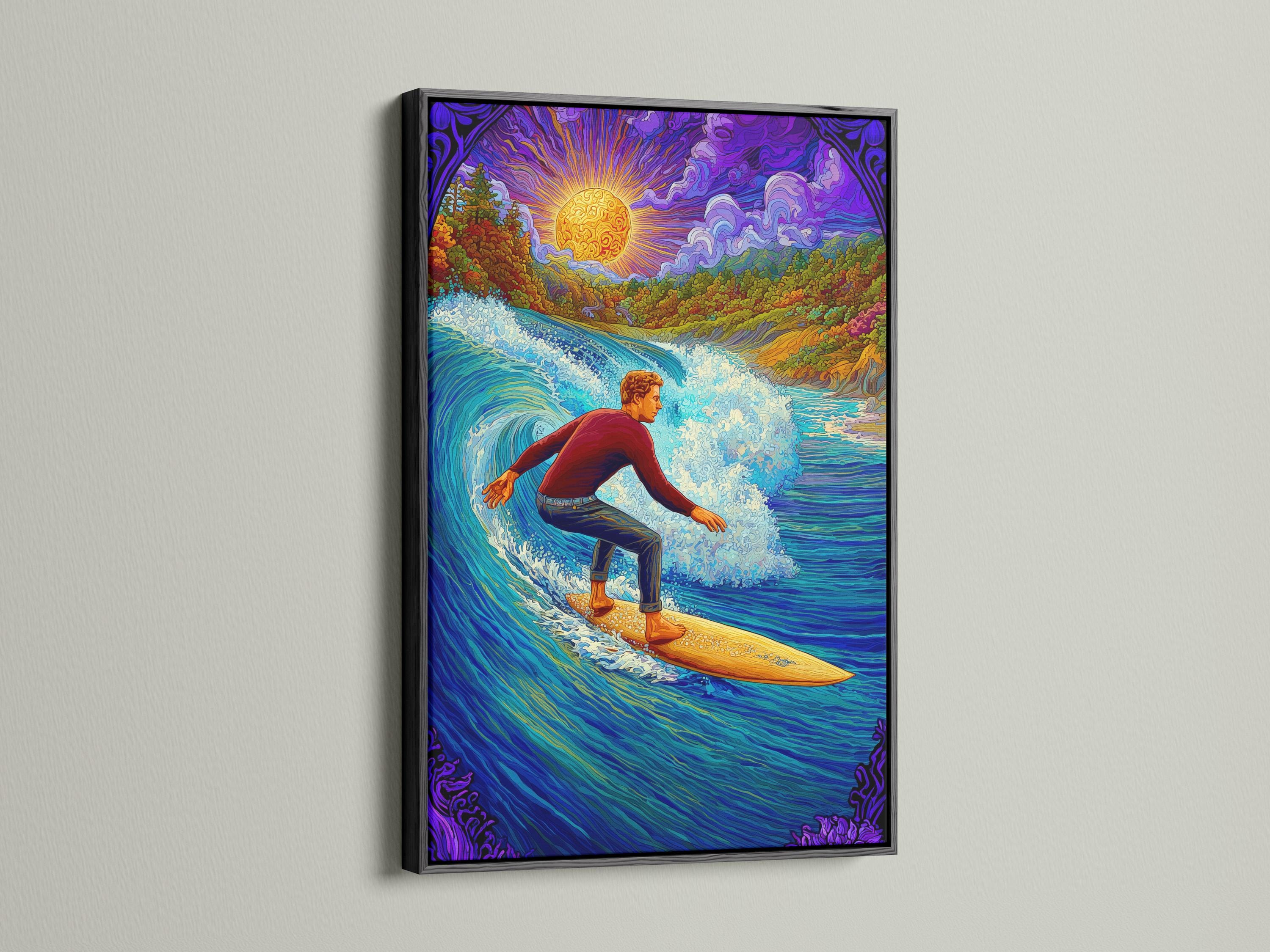 Psychedelic surfer scene with a glowing sun and vibrant ocean waves, in blue, purple and gold tones detail view