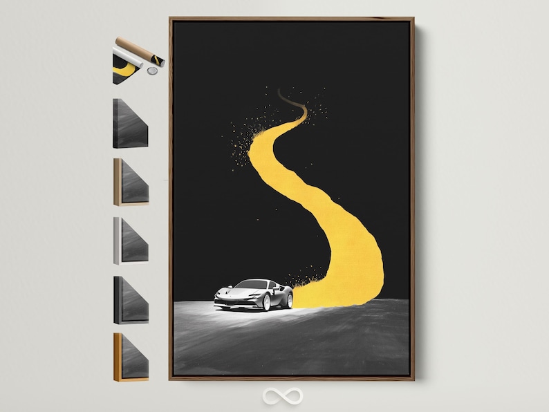Stylised sports car on a dark road with a looping yellow track shape