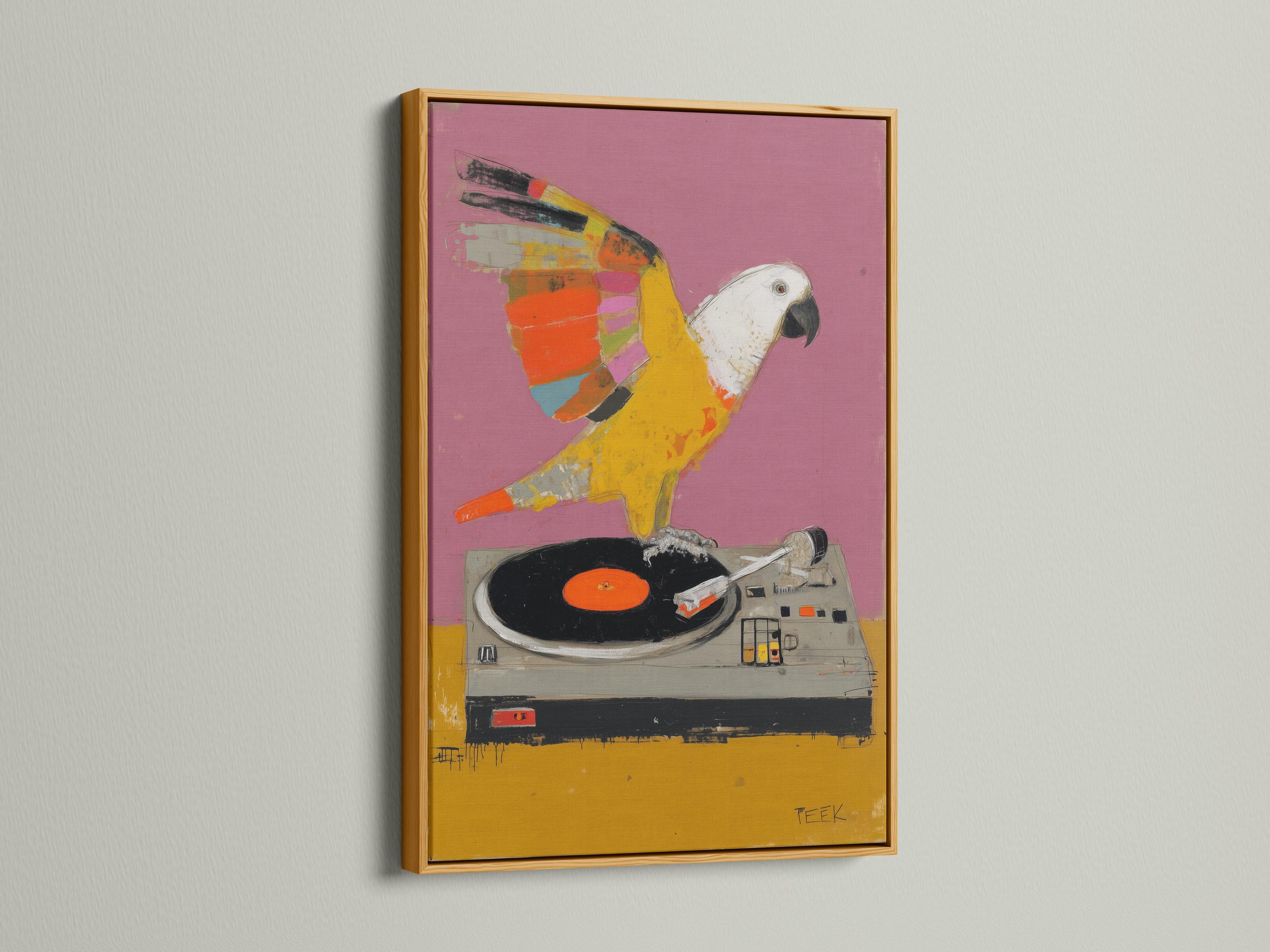Colourful parrot perched on a turntable above a vinyl record, set against a pink-purple background detail view