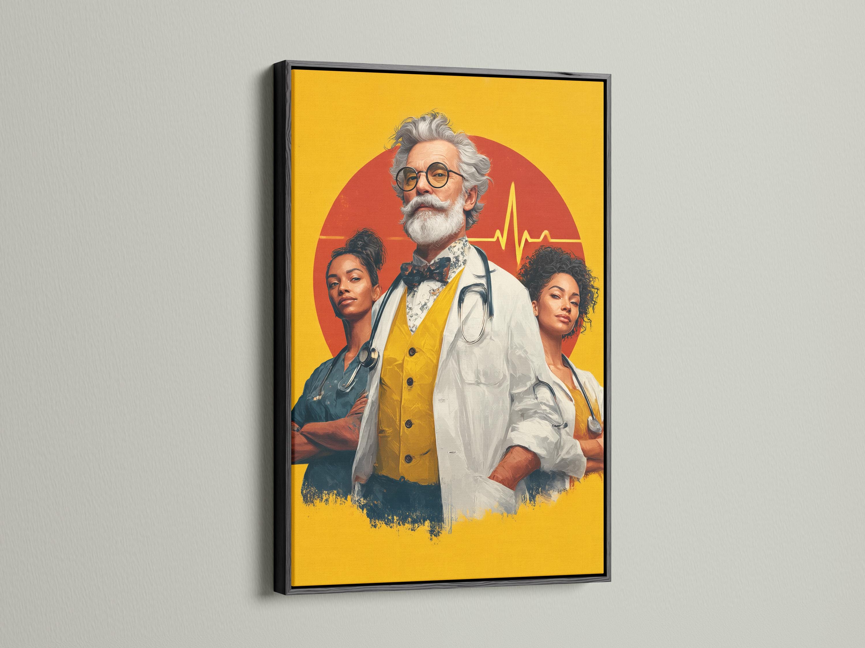 Stylised doctor and two nurses portrait on a mustard-yellow background with red circle and heart-rate line detail view