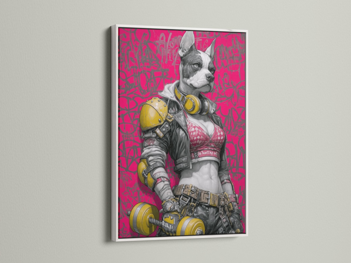 Stylised astronaut dog illustration with a pink graffiti background and yellow accents detail view