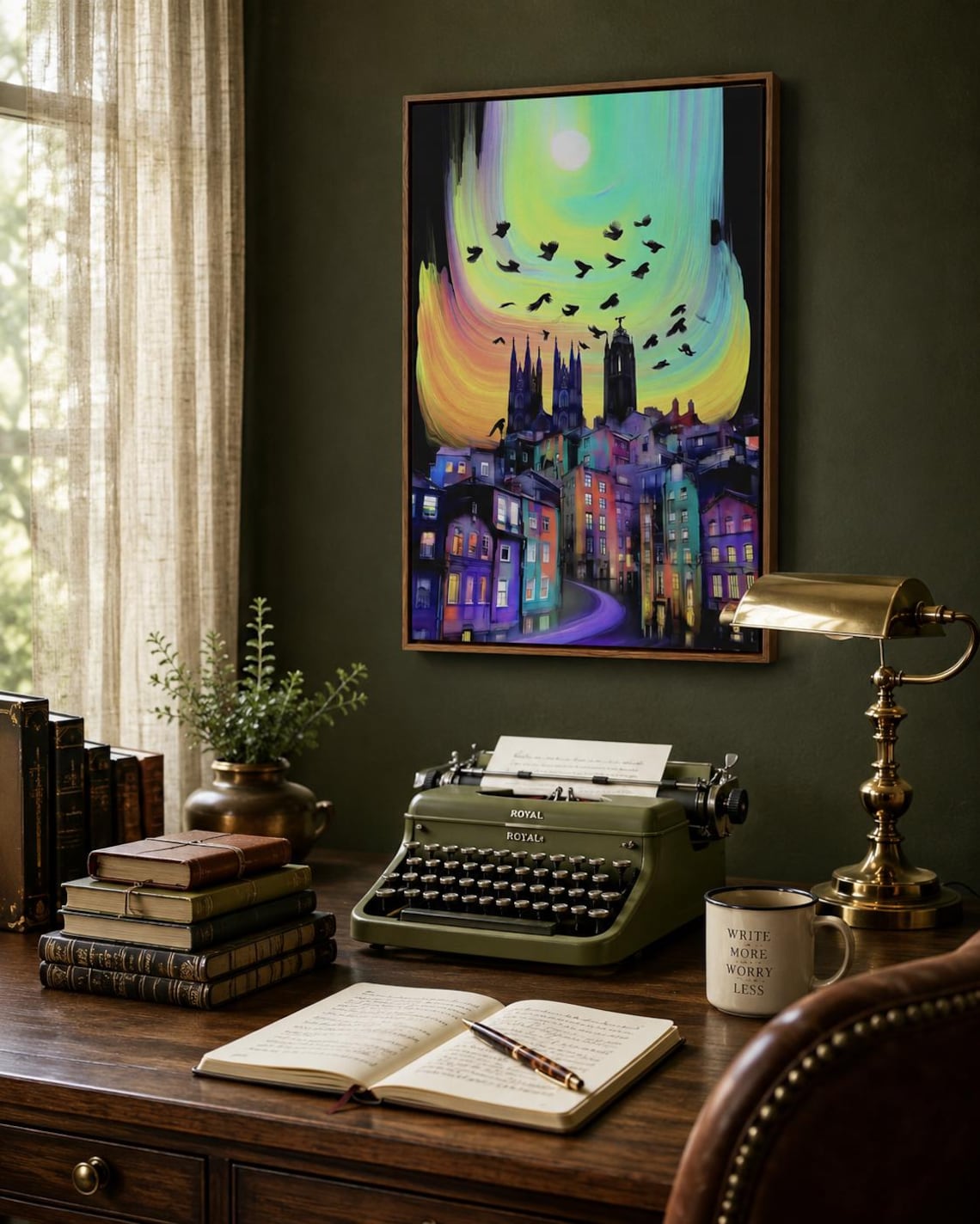 A colourful cityscape with gothic buildings sits beneath a bright stylised moon, while dark birds fly across a swirling sky detail view