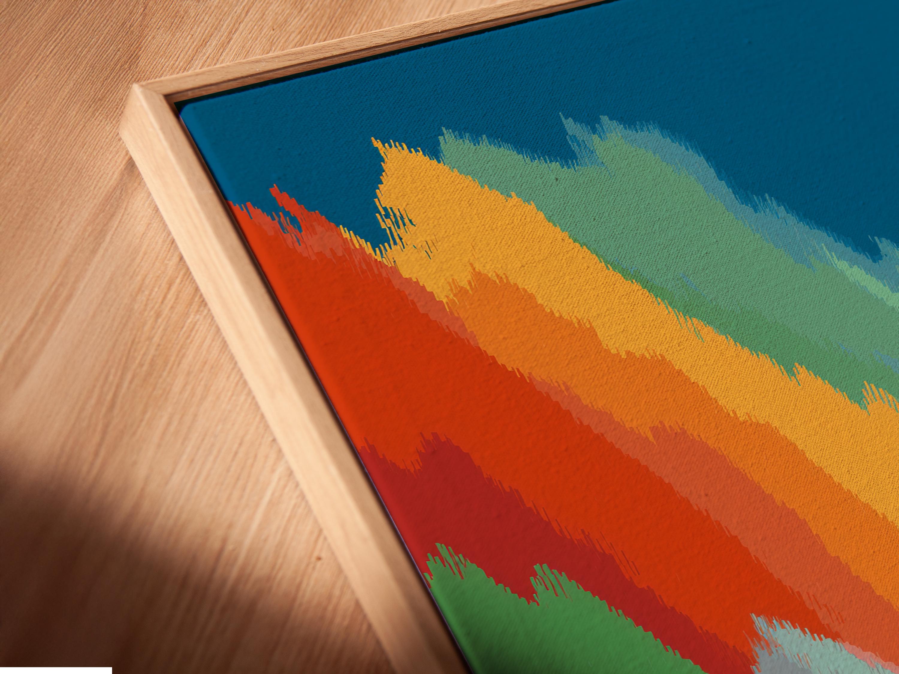 Rainbow-striped ocean wave with a surfer silhouette riding near the bottom right detail view