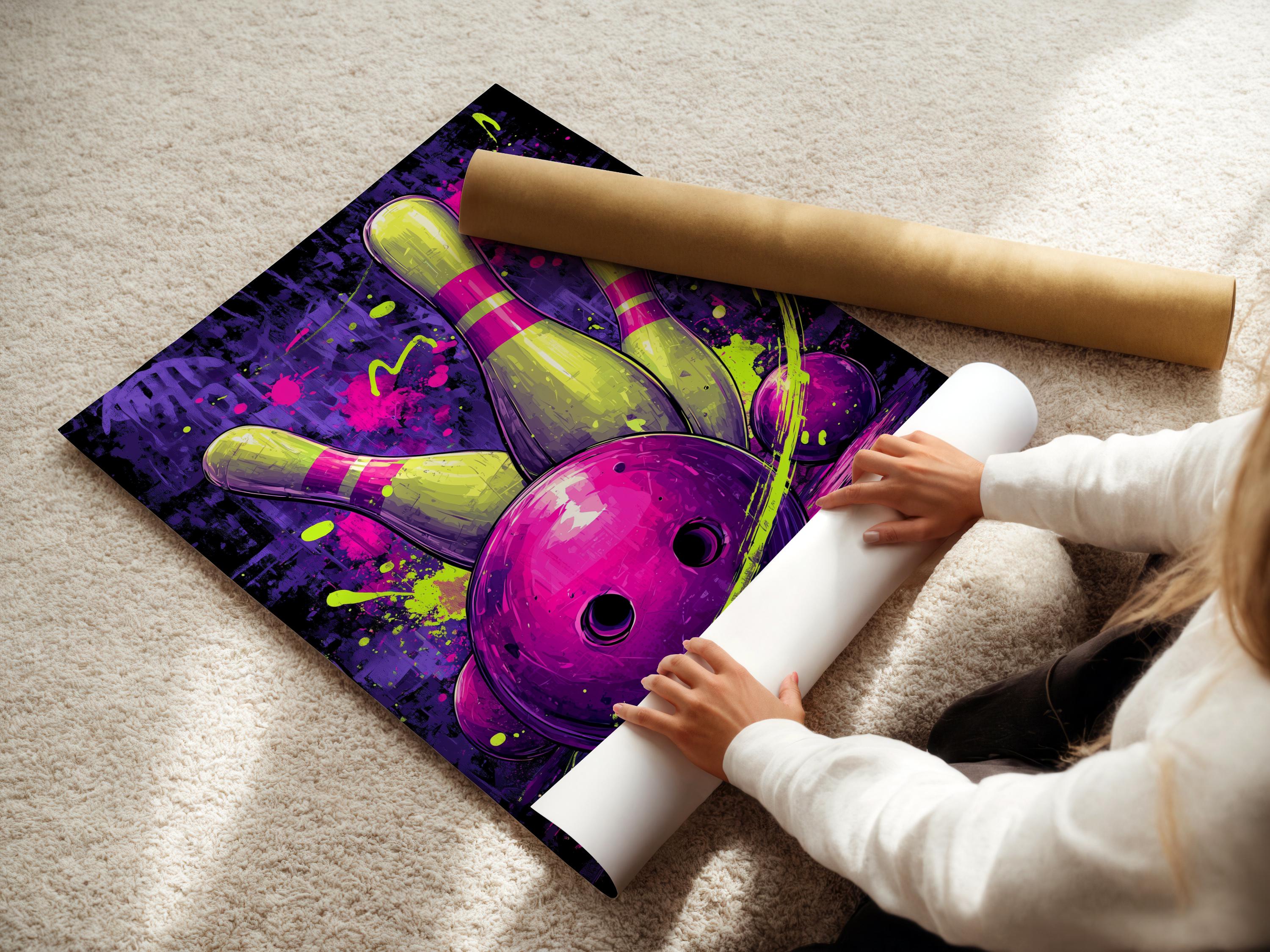 Neon purple and pink bowling pins and ball with yellow-green splatters detail view