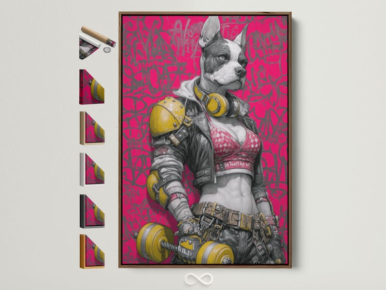 Stylised astronaut dog illustration with a pink graffiti background and yellow accents